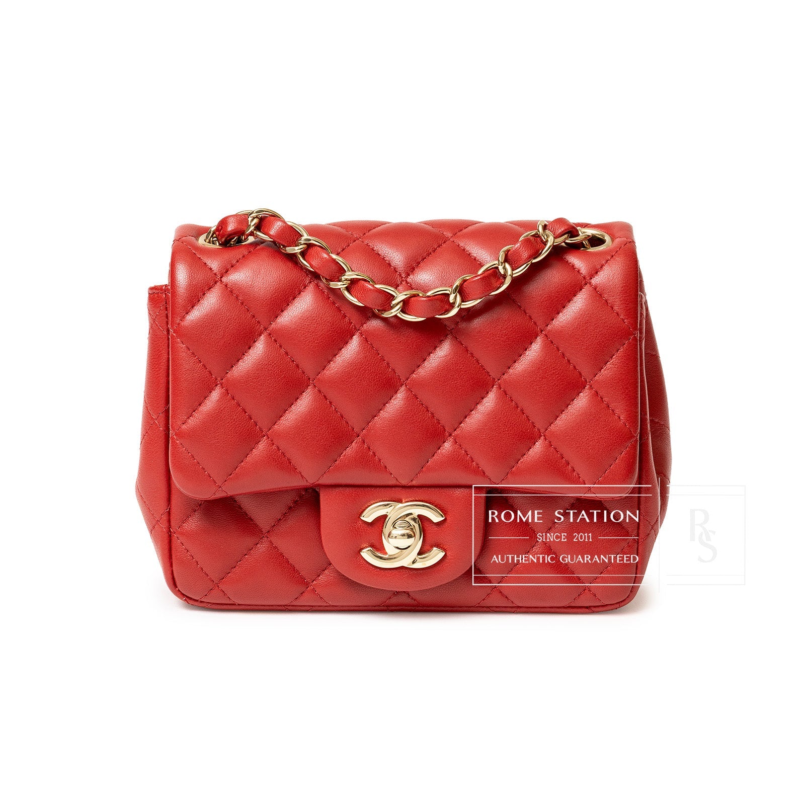 Chanel Mini Square Classic Flap bag Red Lambskin Gold Hardware