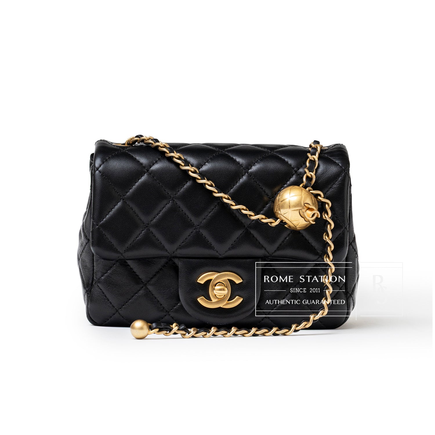 Front view of Chanel Mini Square Pearl Crush Flap Bag Black Lambskin Aged Brushed Gold Hardware with chain strap and logo clasp