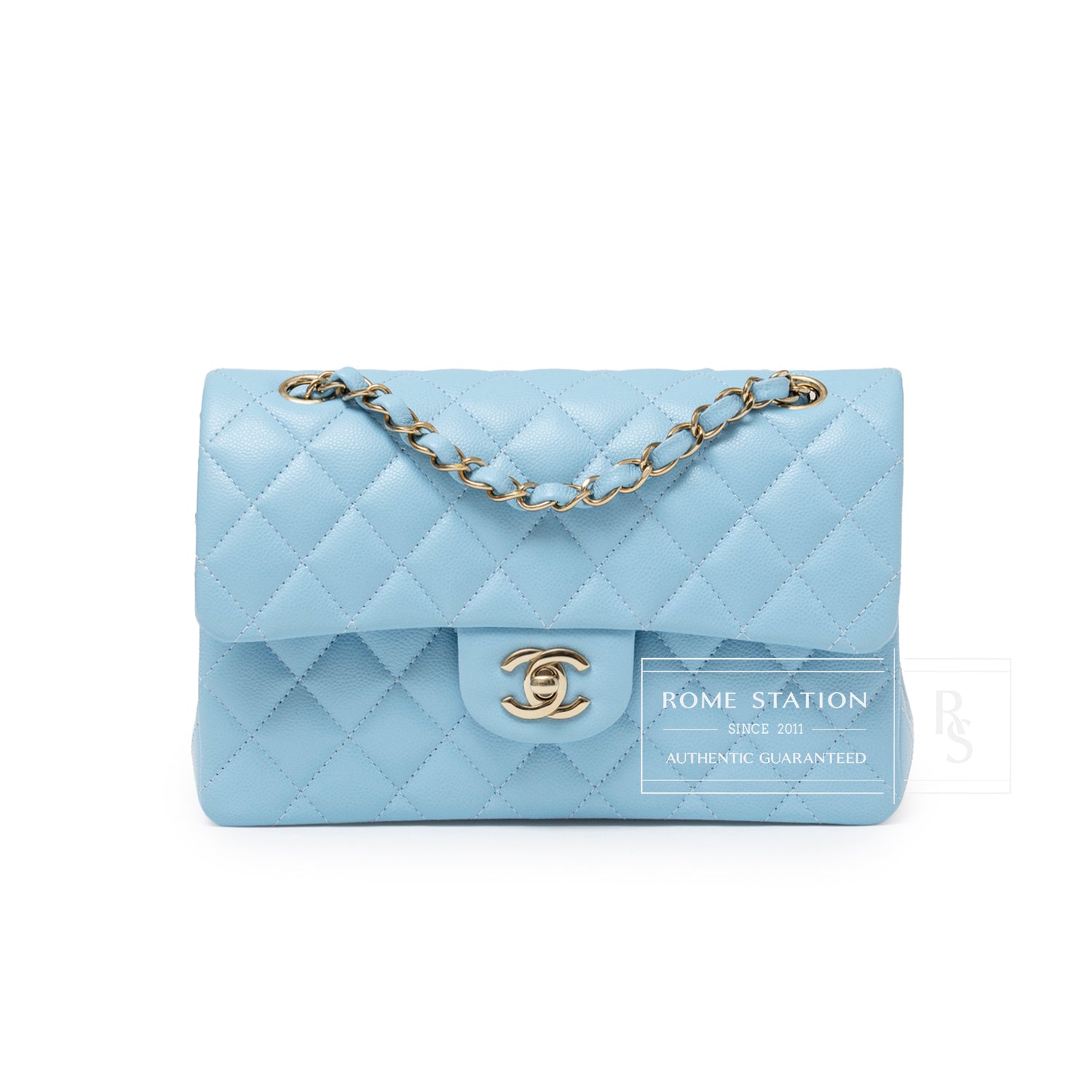 Front view of Chanel Small Classic Flap Bag Blue Caviar Light Gold Hardware with quilted texture and chain strap