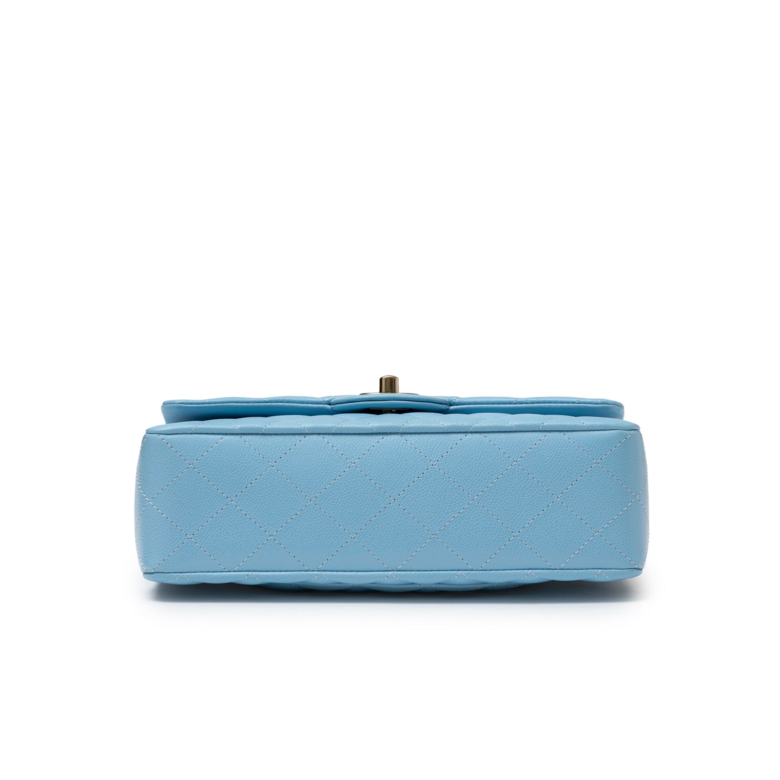 Bottom view of Chanel Small Classic Flap Bag Blue Caviar Light Gold Hardware showing quilted pattern and base structure