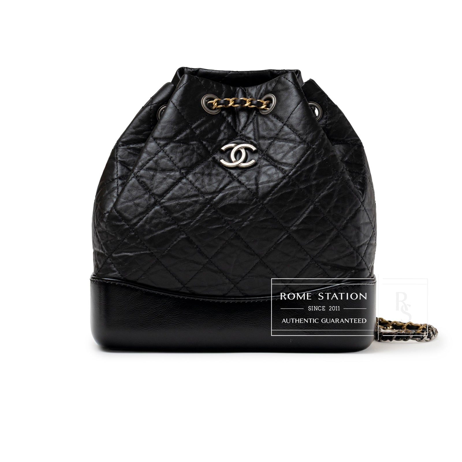Front view of Chanel Small Gabrielle Backpack Black Aged Calfskin Mixed Metal Hardware showing quilted leather and chain detail