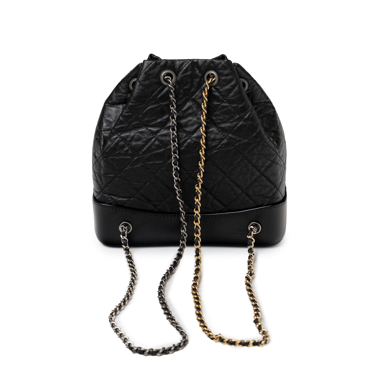 Back view of Chanel Small Gabrielle Backpack Black Aged Calfskin Mixed Metal Hardware with dual metal chains