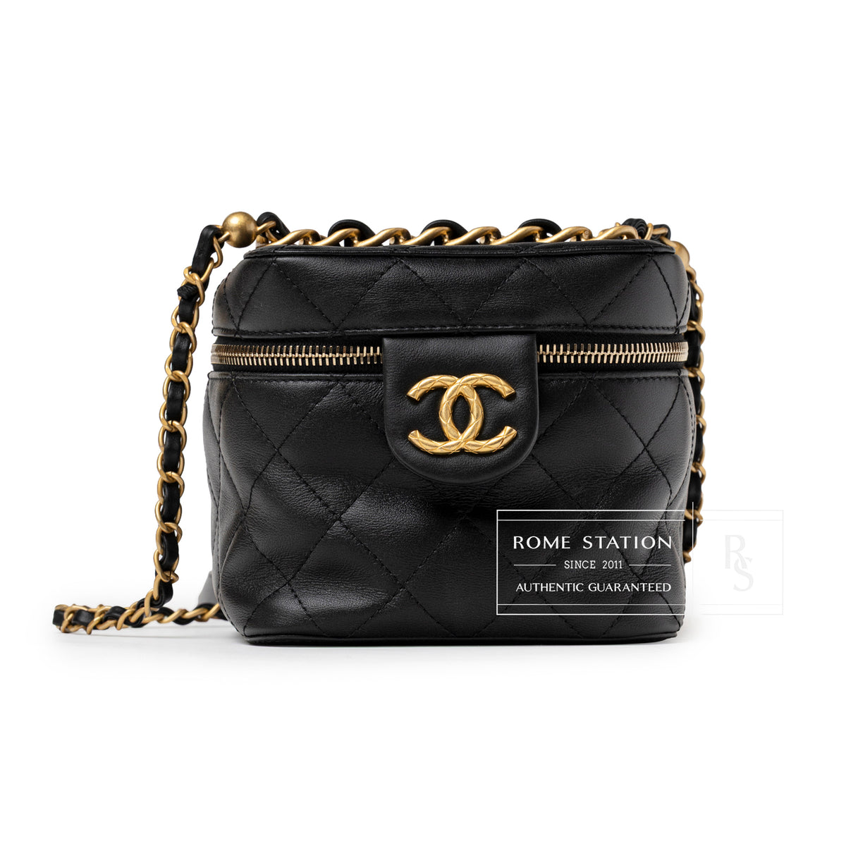 Chanel Small Vinity Case With Chain Black Calf Gold Hardware front view