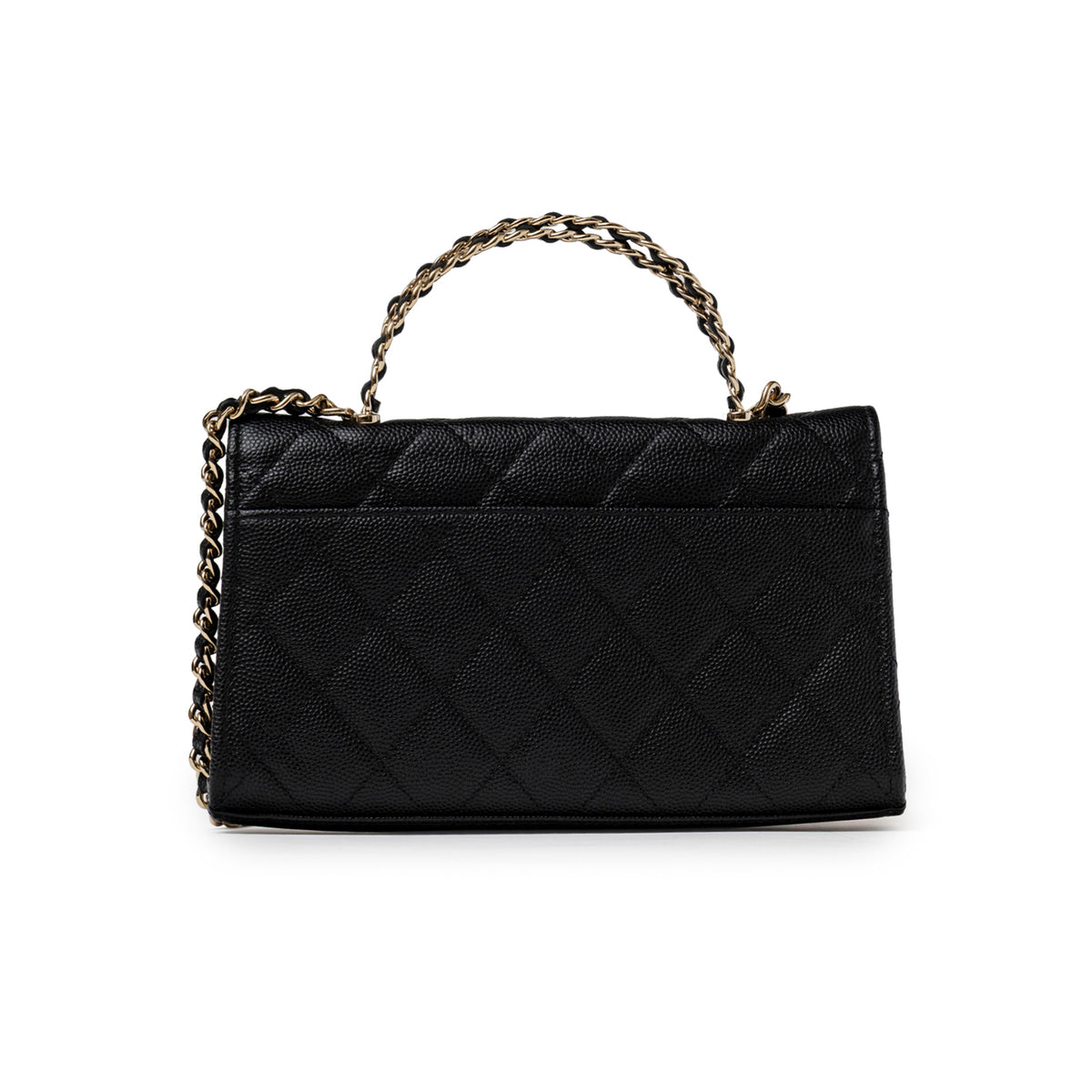 Chanel Top Handle Phone Holder with Chain Black Caviar Light Gold Hardware back view with top handle