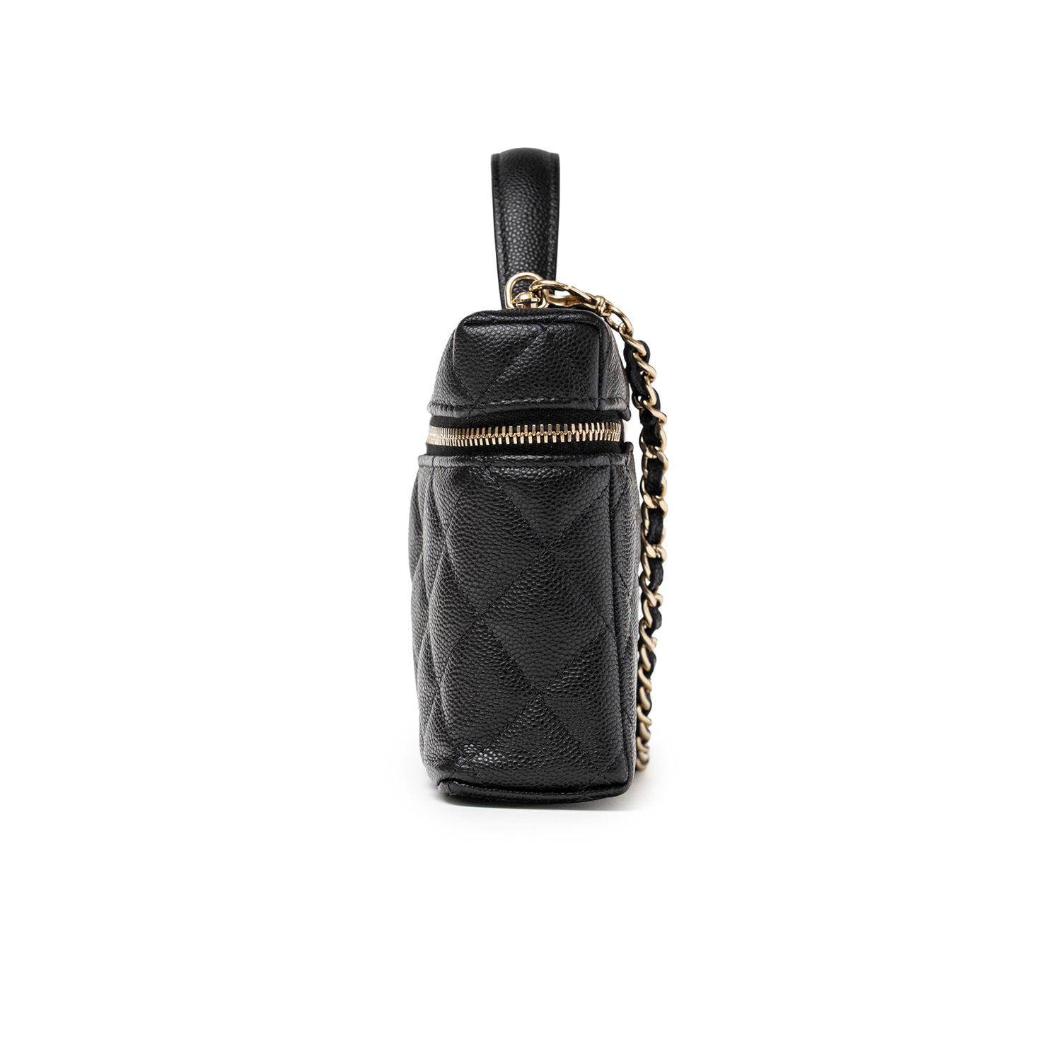 Side profile of Chanel Top Handle Vanity with Chain Black Caviar Light Gold Hardware showing quilted texture and zipper detail