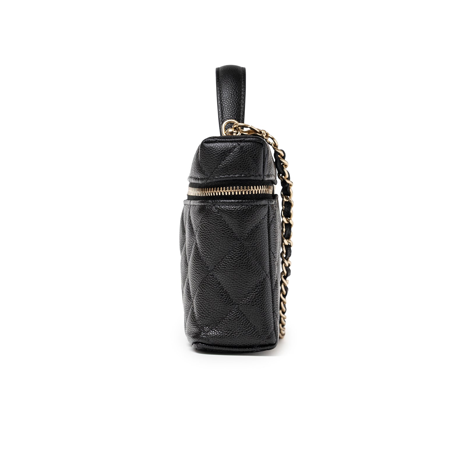Side profile of Chanel Top Handle Vanity with Chain Black Caviar Light Gold Hardware showing quilted texture and zipper detail