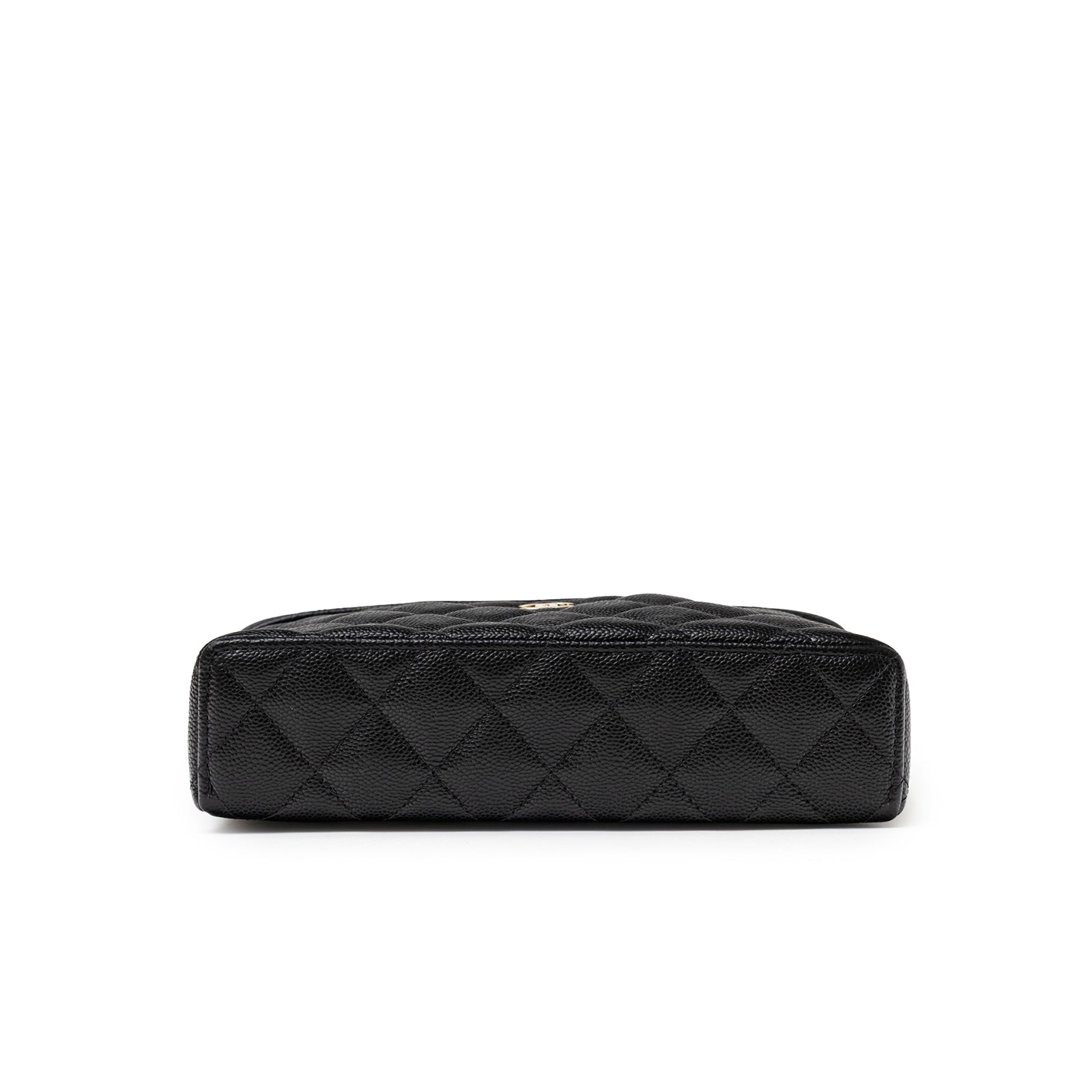 Bottom view showing quilted black caviar leather base of Chanel Top Handle Vanity with Chain Black Caviar Light Gold Hardware