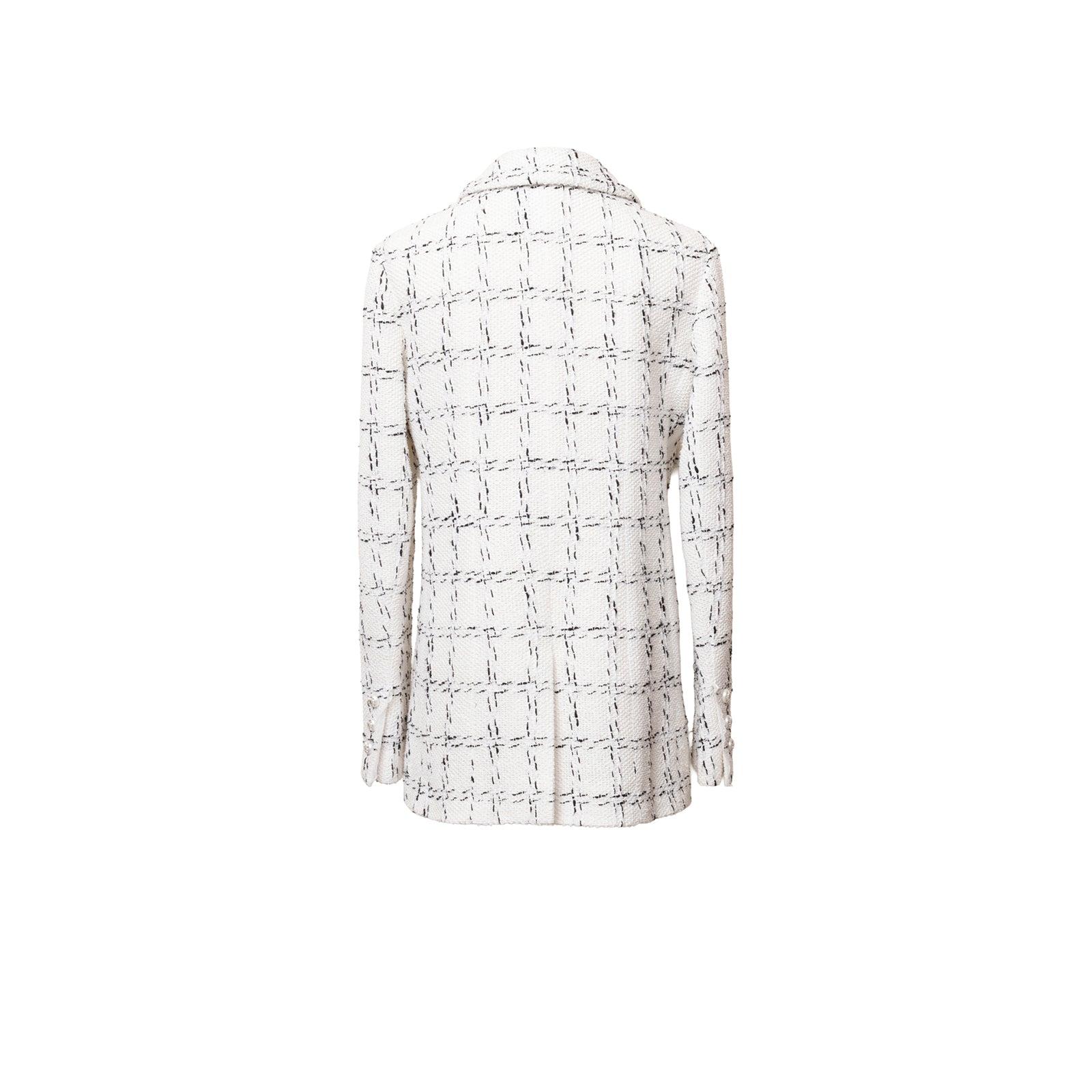 Back view of Chanel Tweed Jacket 23S Pearl and Crystal Button White/Black with classic check pattern design