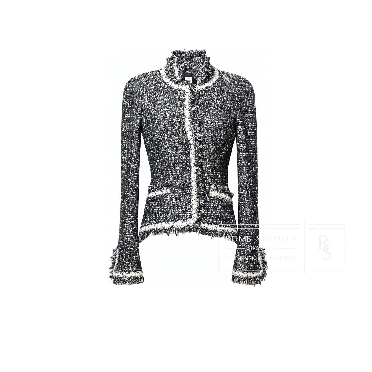 Front view of Chanel Vintage Tweed Jacket with Butterfly Bow Tie Black & White featuring fringe trim detailing