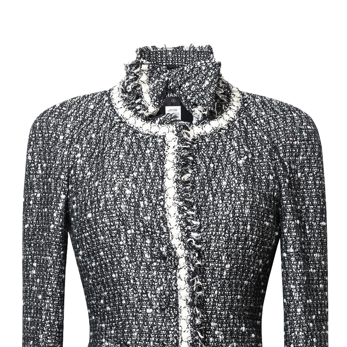 Front close-up of Chanel Vintage Tweed Jacket with Butterfly Bow Tie Black & White showing textured knit and frayed trim details