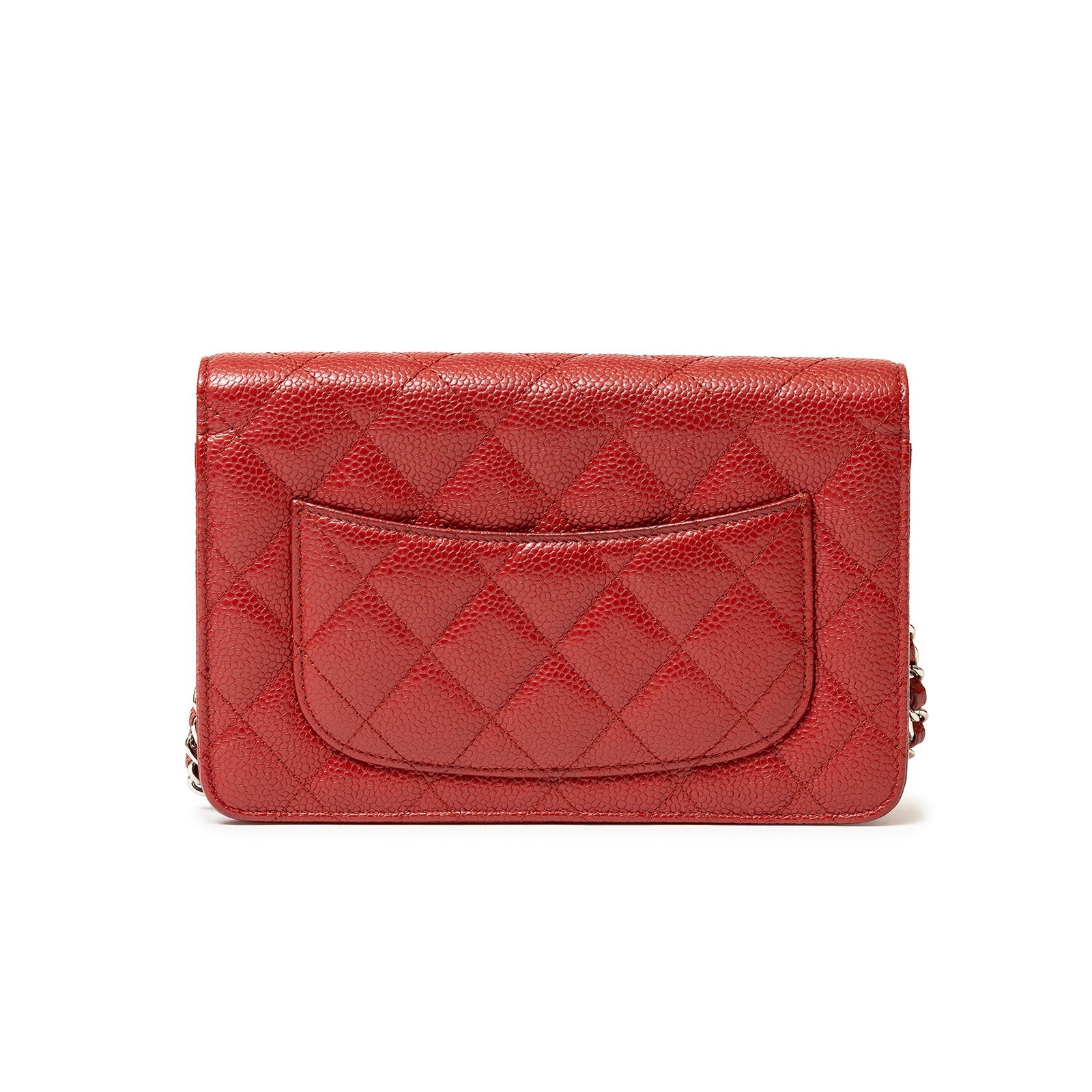 Back view of Chanel Wallet On Chain Red Caviar Palladium Hardware showing quilted leather and pocket detail