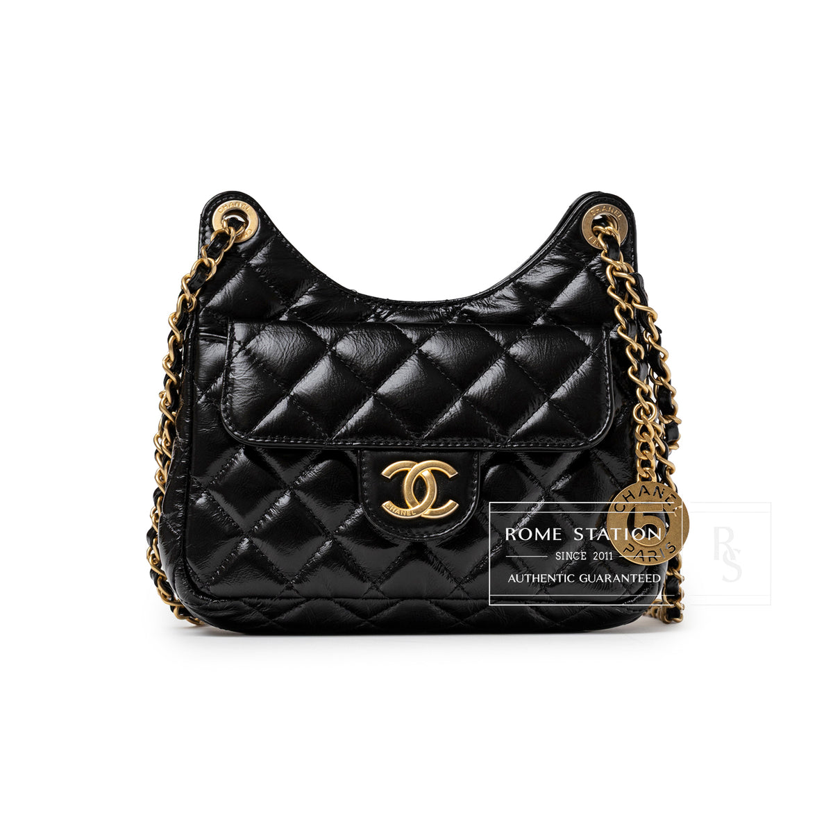 Chanel Wavy CC Hobo Small Shiny Quilted Black Calf Gold Hardware front view with gold chain strap