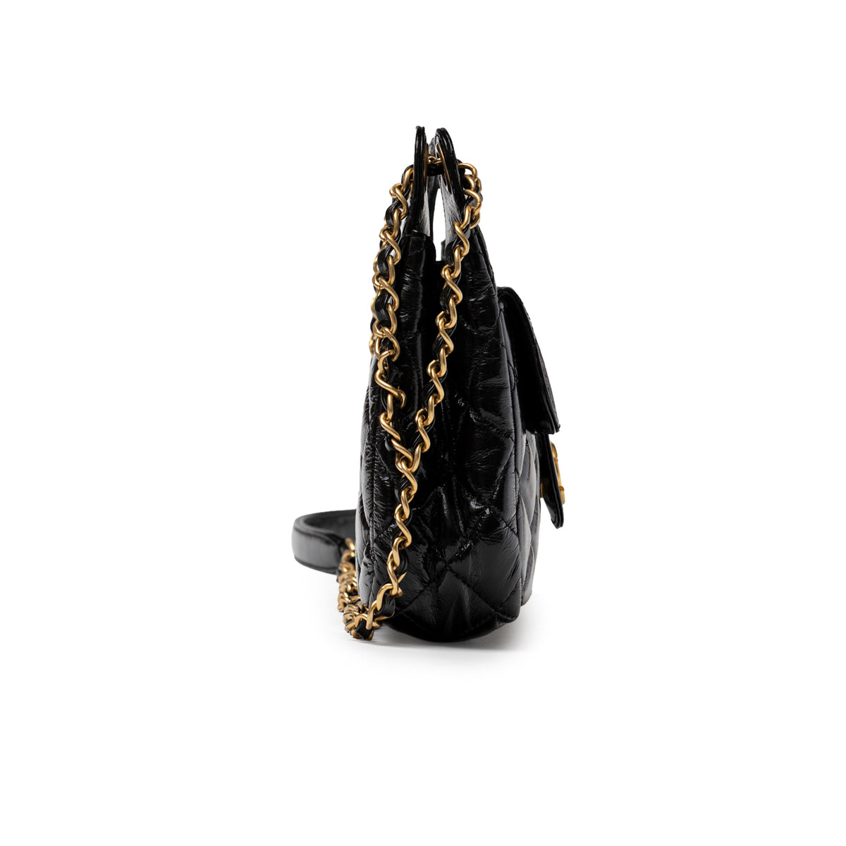 Chanel Wavy CC Hobo Small Shiny Quilted Black Calf Gold Hardware side view with chain strap