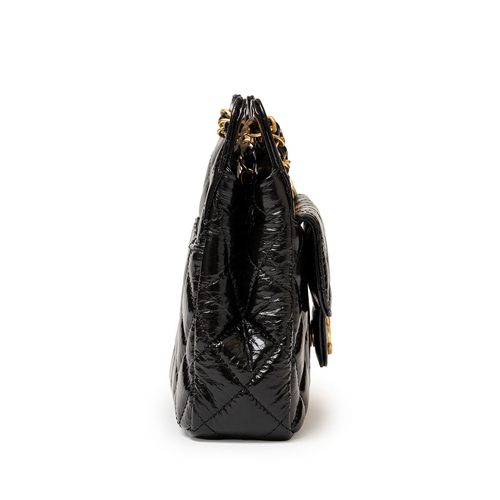 Side view of Chanel Wavy CC Hobo Small Shiny Quilted Calf Gold Hardware bag showing glossy leather and chain strap details