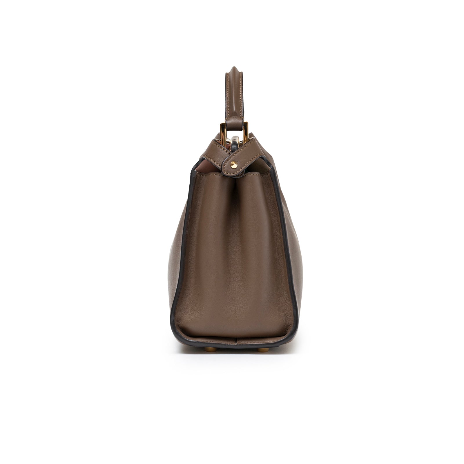 Side view of Fendi Peekaboo ISeeU Small Tricolour Etoupe/Beige/Rose Calfskin Gold Hardware bag showing smooth leather detail