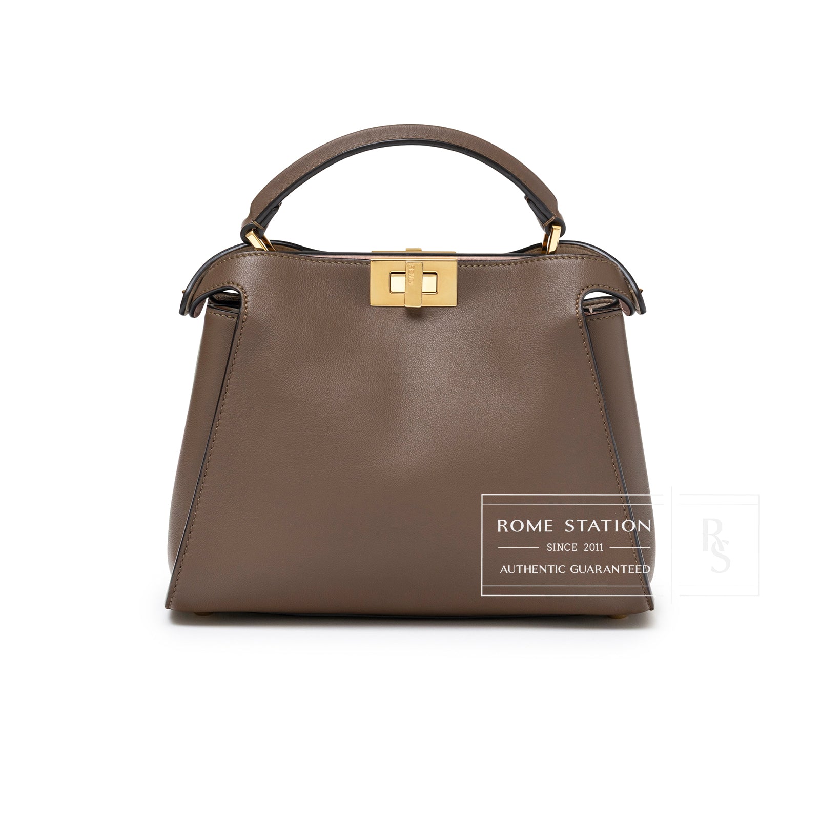Front view of Fendi Peekaboo ISeeU Small Tricolour Etoupe Beige Rose Calfskin Gold Hardware handbag