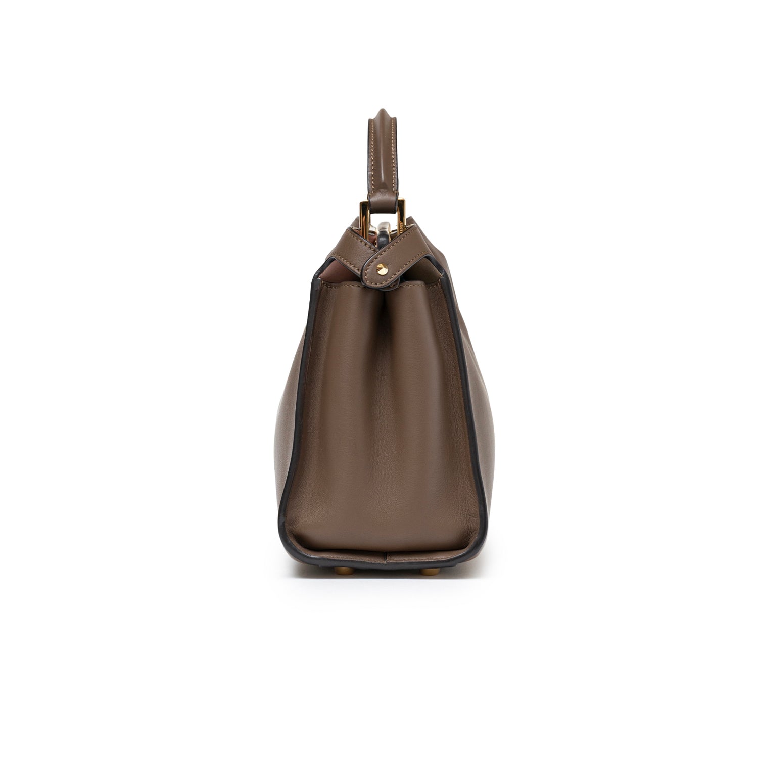 Side view of Fendi Peekaboo ISeeU Small Tricolour Etoupe/Beige/Rose Calfskin Gold Hardware bag showing smooth leather detail