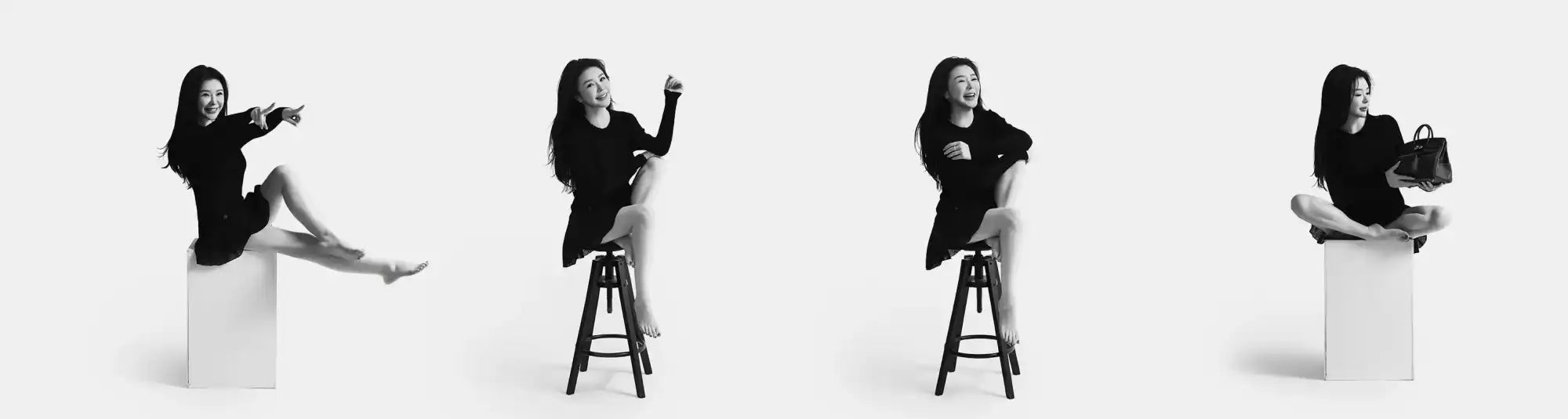 Four black-and-white studio portraits of a woman.