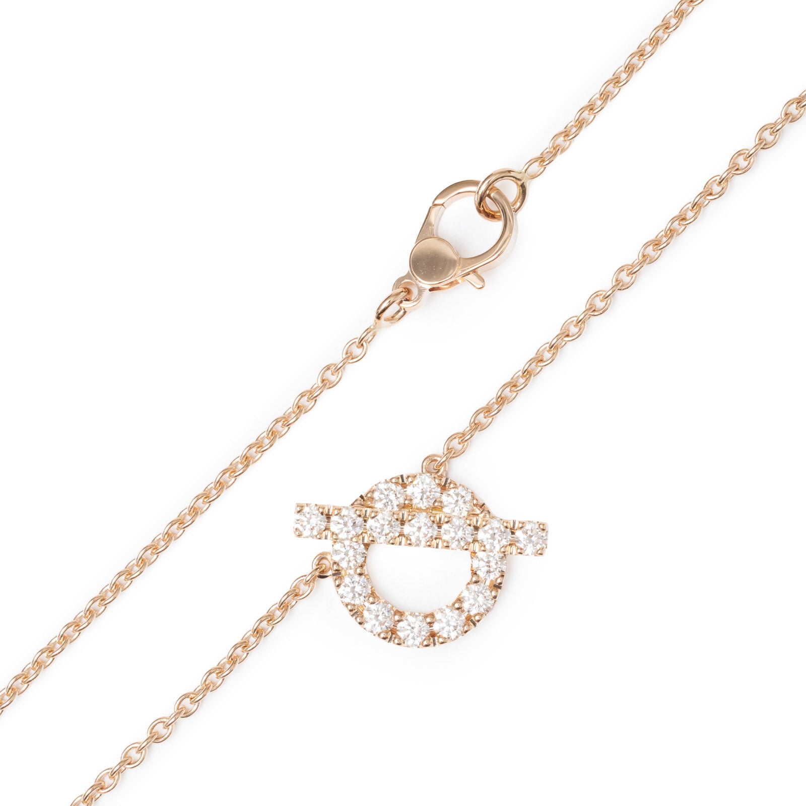 Close-up of clasp and diamond-encrusted detail on Hermès Finesse Pendant Rose Gold Au750 chain necklace