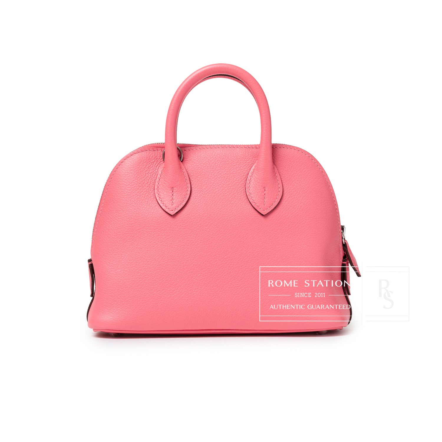 Front view of Hermès 1923 Bolide Mini Rose Azalee Swift Palladium Hardware showing smooth leather and curved handles