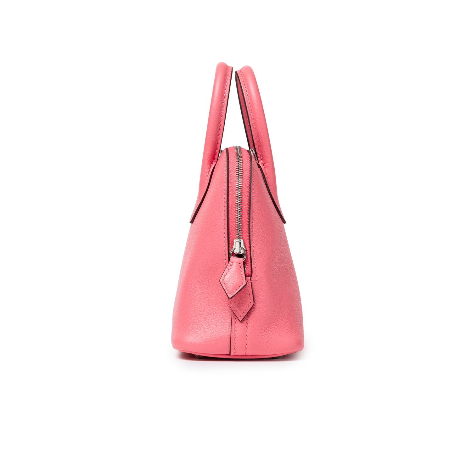 Side profile of Hermès 1923 Bolide Mini Rose Azalee Swift Palladium Hardware handbag showing zipper detail.
