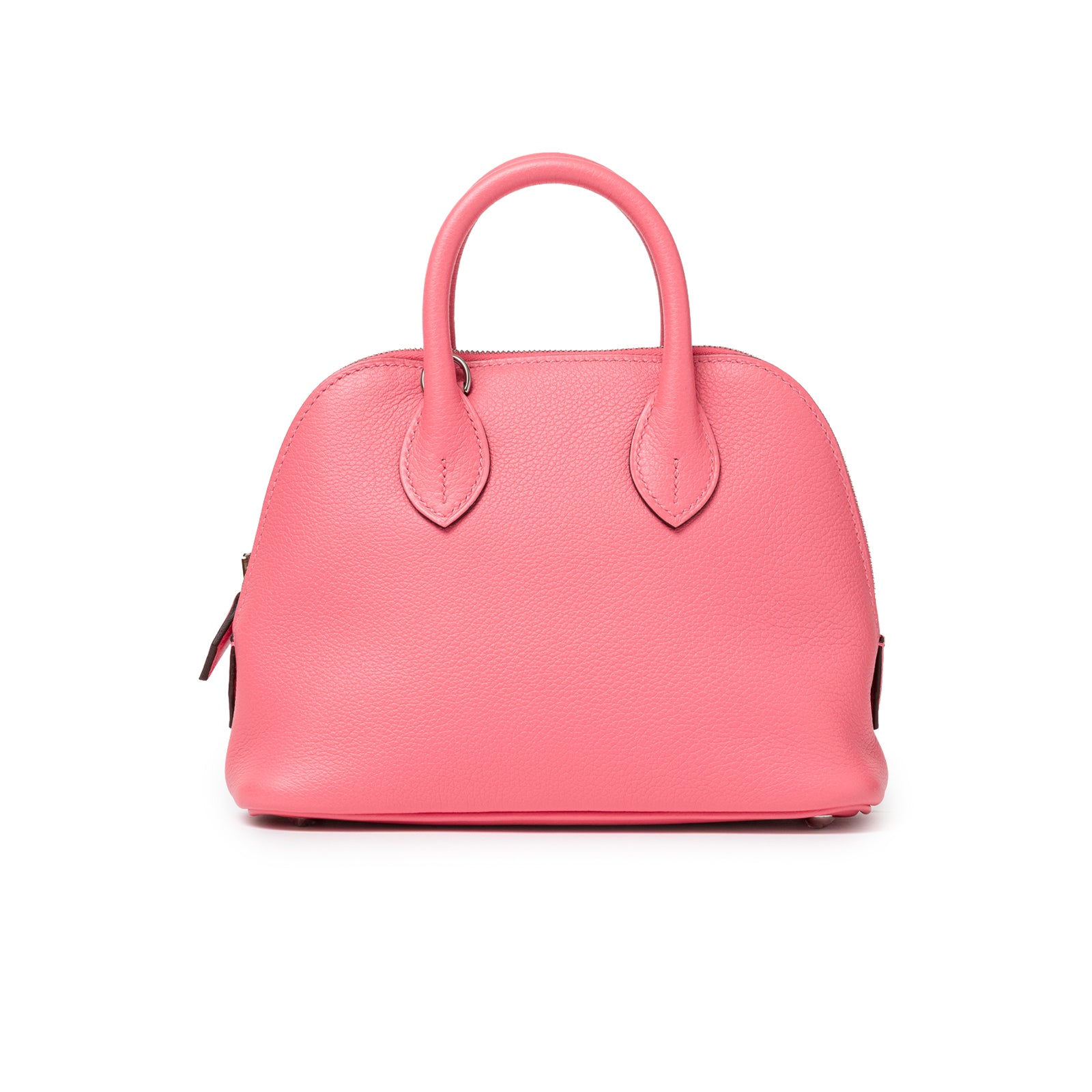 Back view of Hermès 1923 Bolide Mini Rose Azalee Swift Palladium Hardware showing smooth leather and rounded silhouette