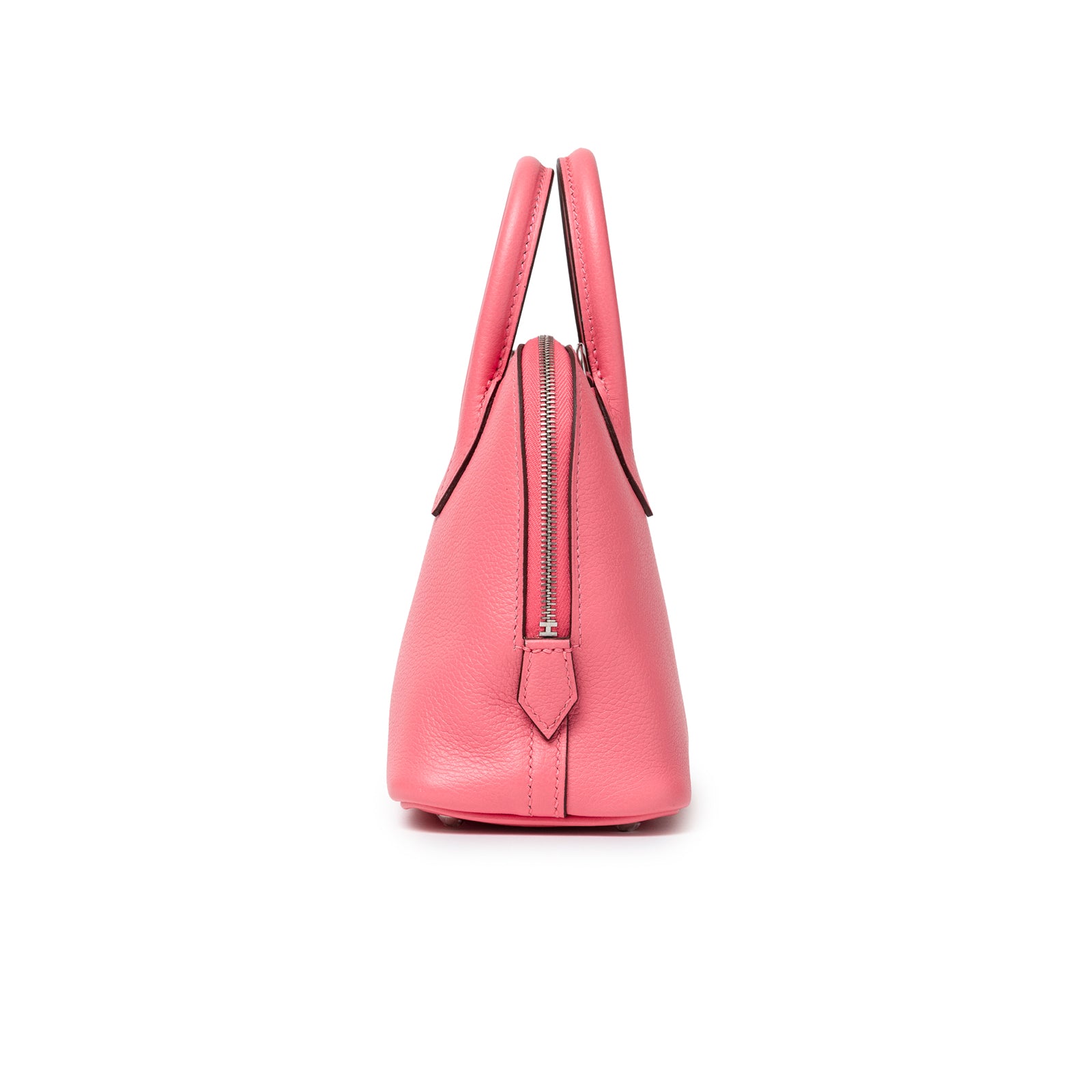 Side view of Hermès 1923 Bolide Mini Rose Azalee Swift Palladium Hardware showing smooth leather and zipper detail
