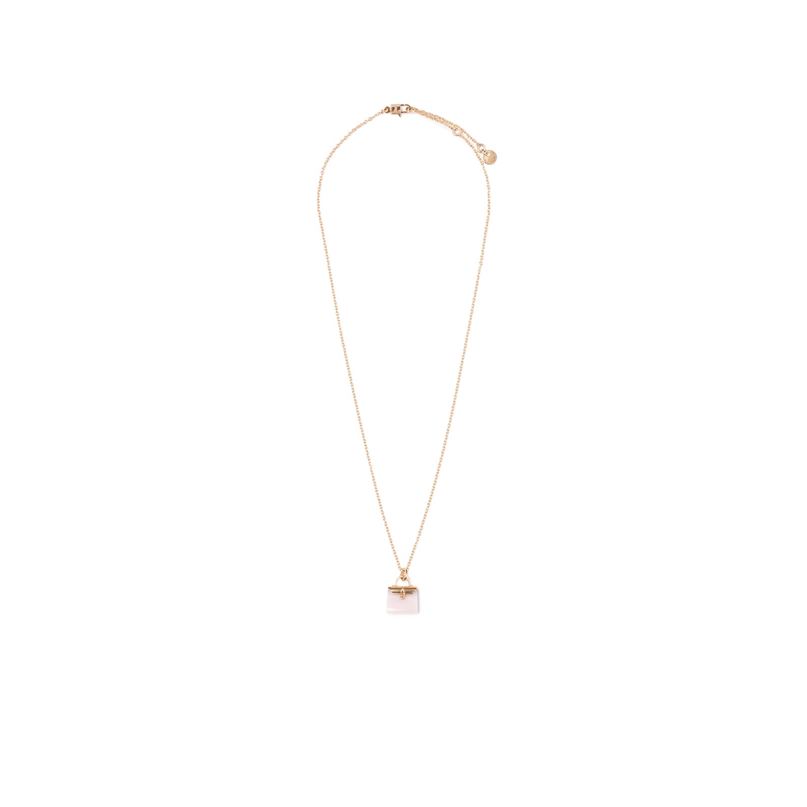 Hermès Amulettes Kelly Pendant Pink Opal Gemstone 18K Rose Gold necklace with square pink opal charm front view