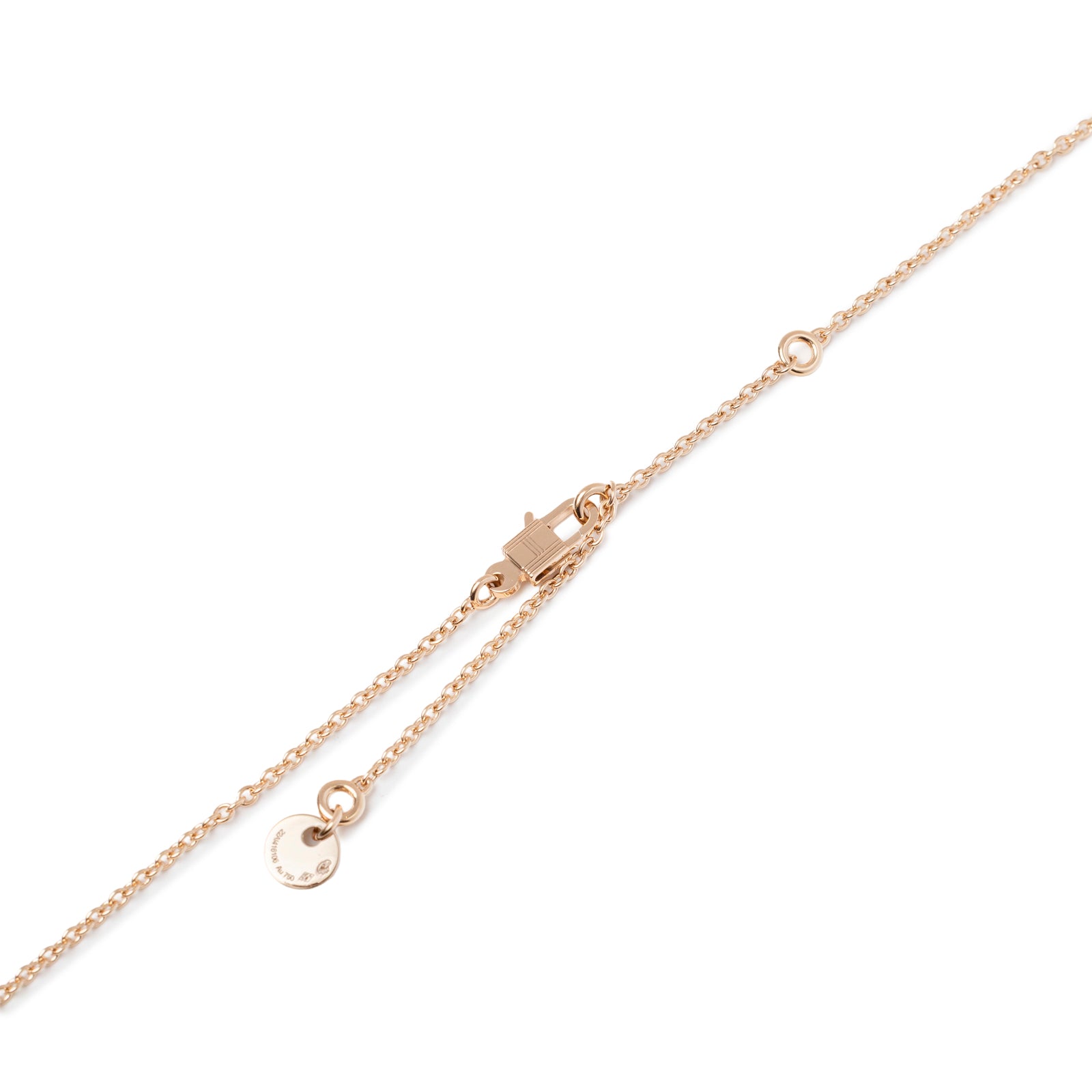 Close-up of the Hermès Amulettes Kelly Pendant Pink Opal Gemstone 18K Rose Gold delicate chain and clasp details