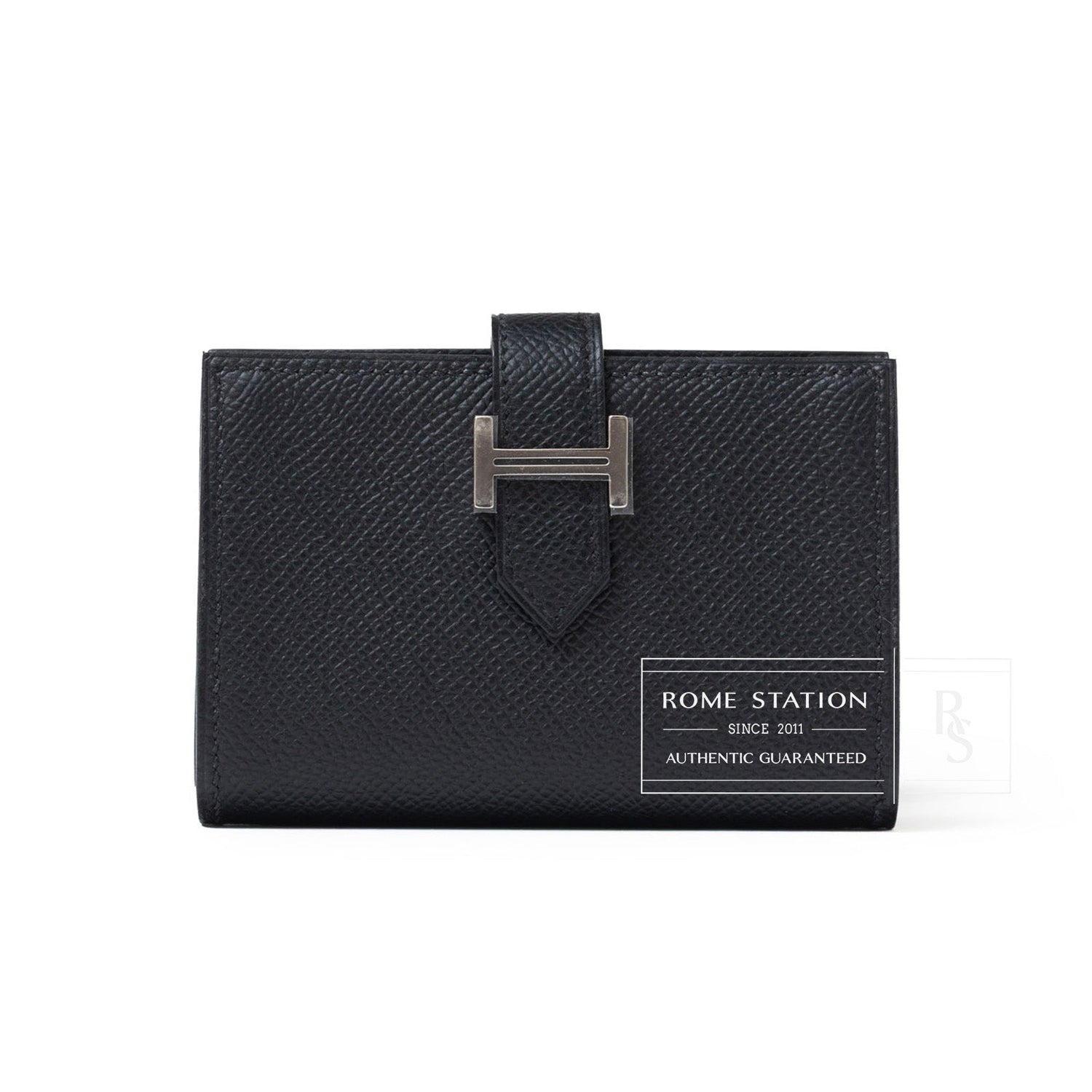 Front view of Hermès Bearn Mini Wallet Black Epsom Palladium Hardware with textured leather and signature clasp
