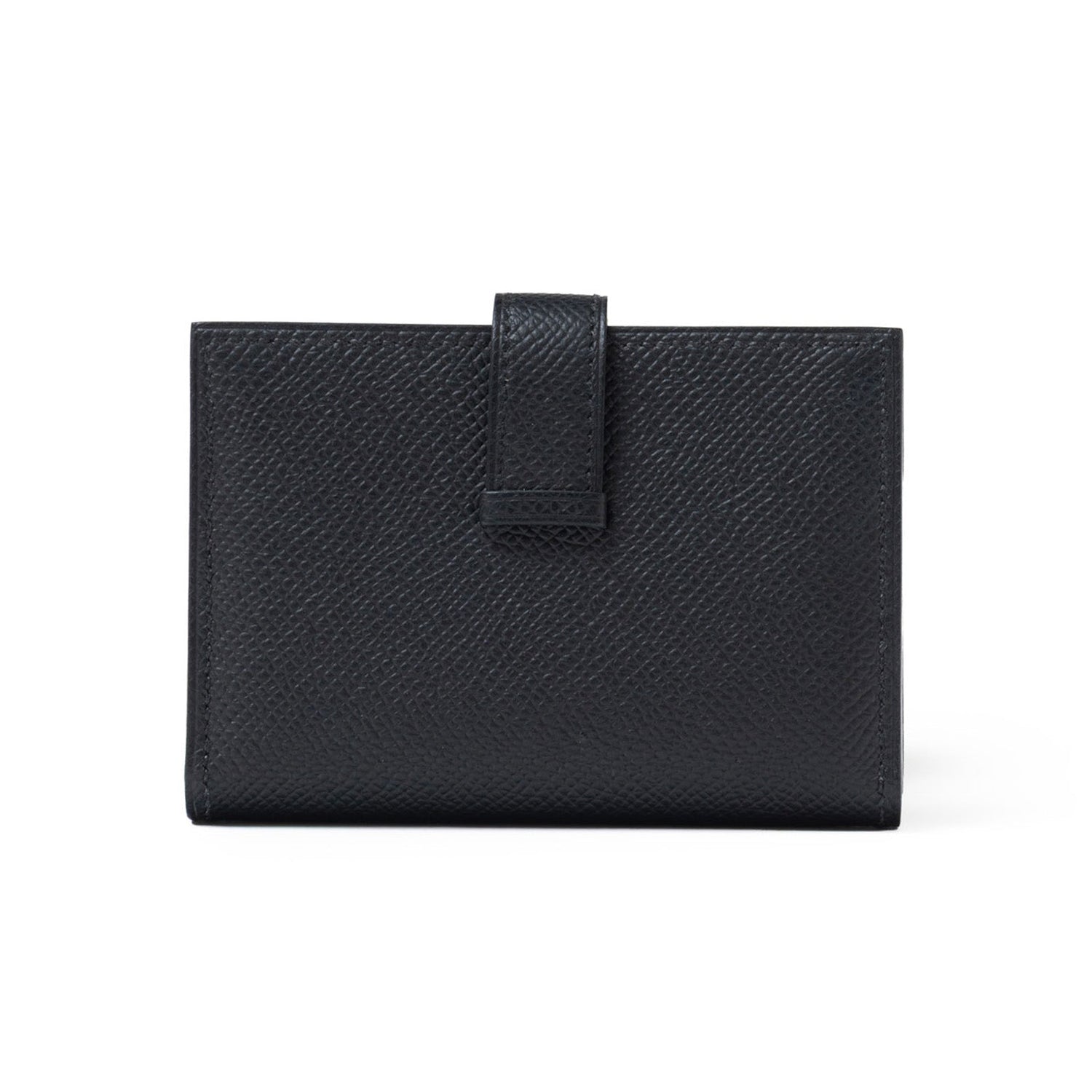 Front view of Hermès Bearn Mini Wallet Black Epsom Palladium Hardware with textured leather and tab closure