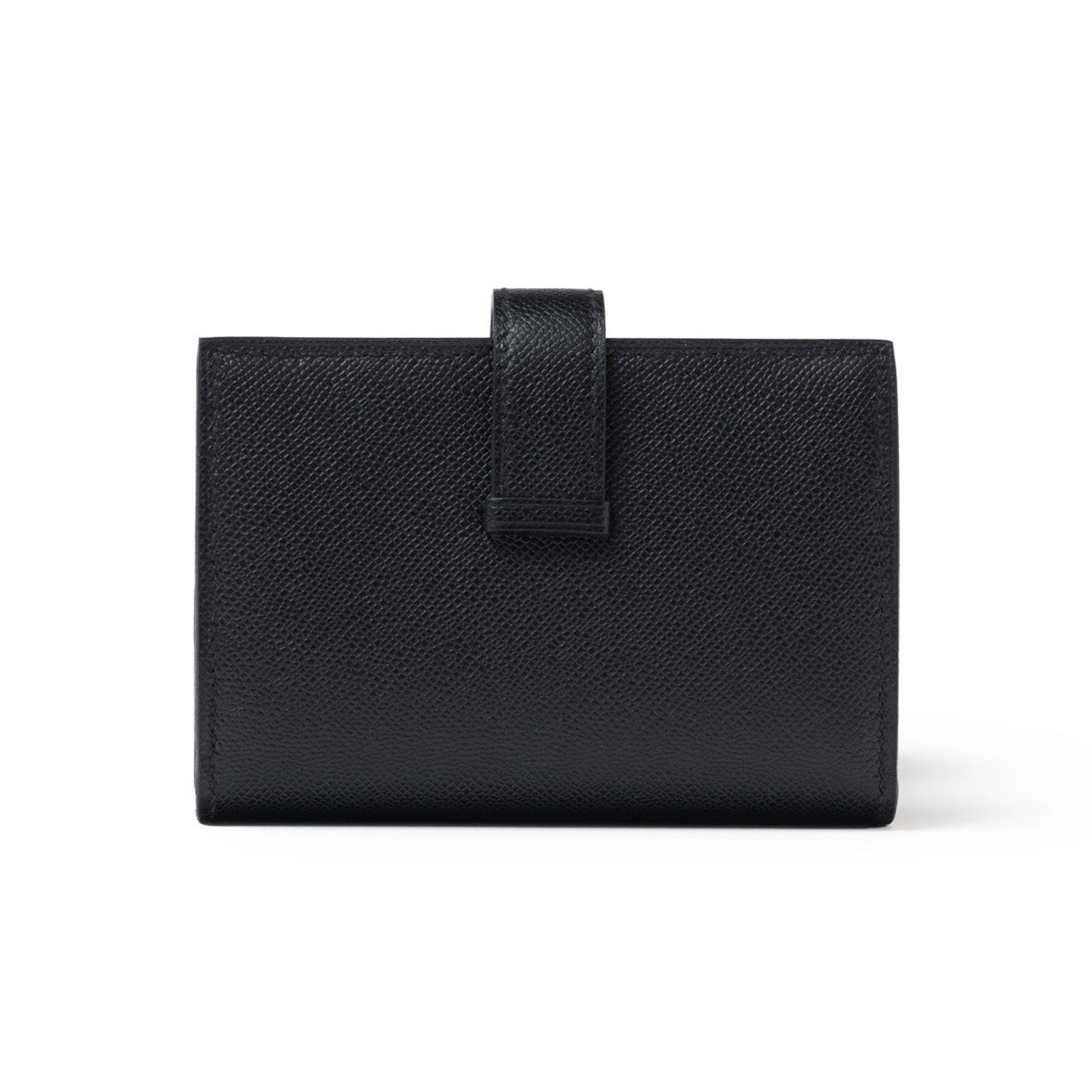 Front view of Hermès Bearn Mini Wallet Monochrome Madame So Black showing textured leather and tab closure detail