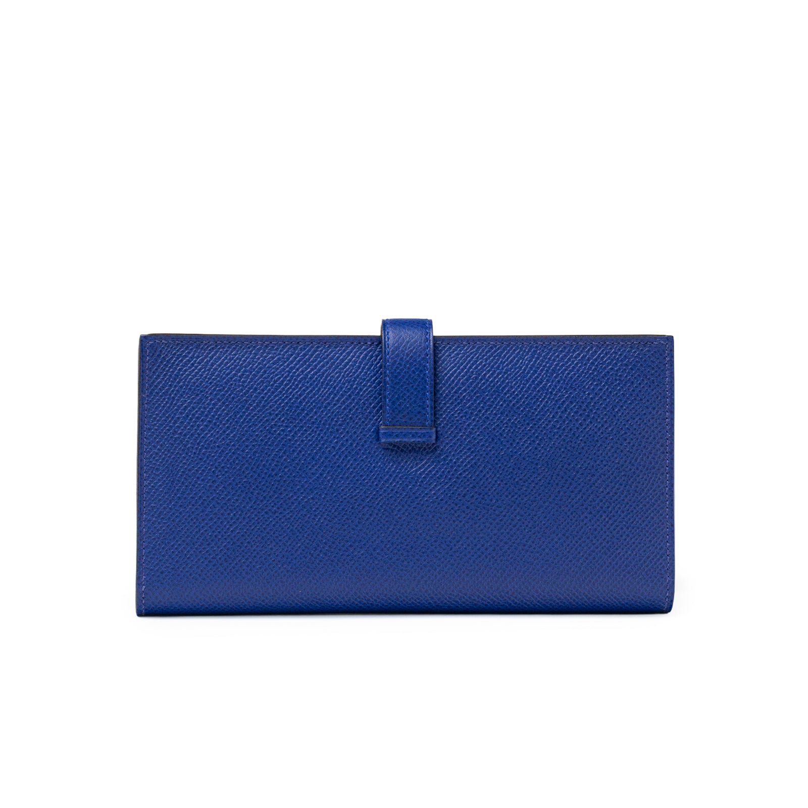 Back view of Hermès Bearn Wallet Blue Electric Epsom Palladium Hardware with textured leather and strap closure