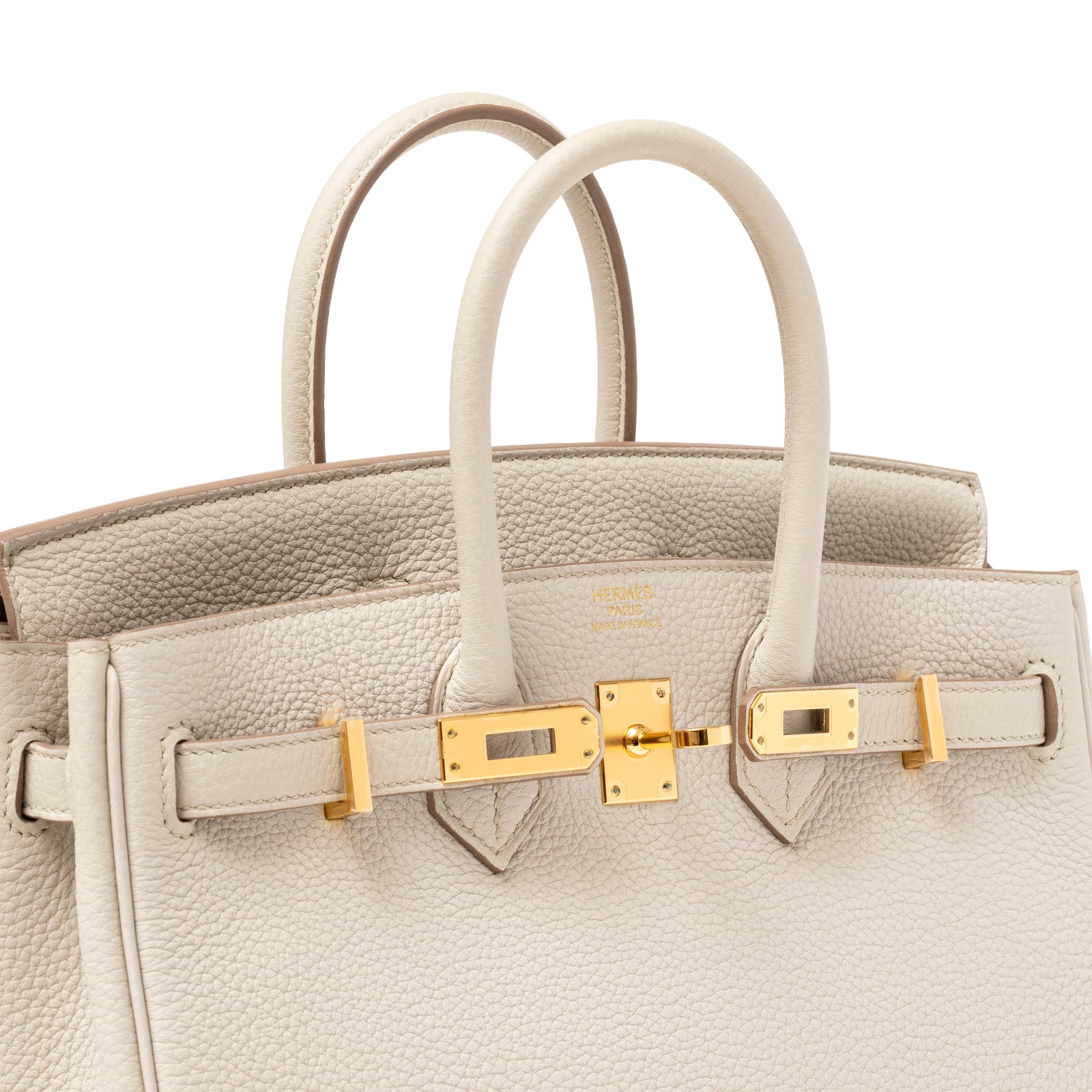 Close-up of top front of Hermès Birkin 25 Beton Togo Gold Hardware showing textured leather and gold clasp details