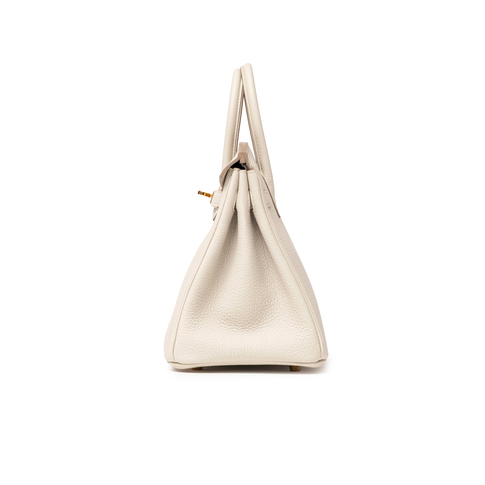 Side profile of Hermès Birkin 25 Beton Togo Gold Hardware highlighting smooth leather texture and structured silhouette