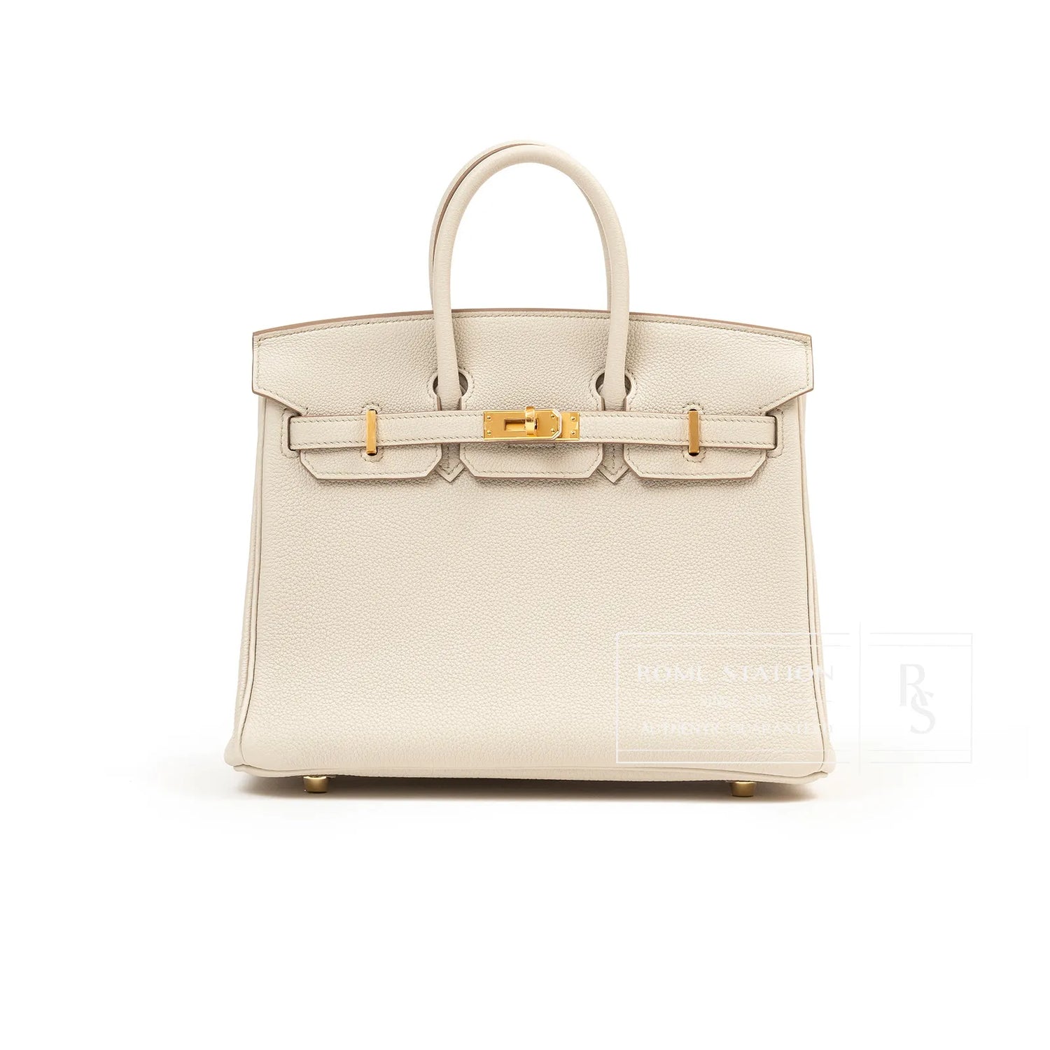 Front view of Hermès Birkin 25 in Beton Togo leather with gold hardware and structured top handles