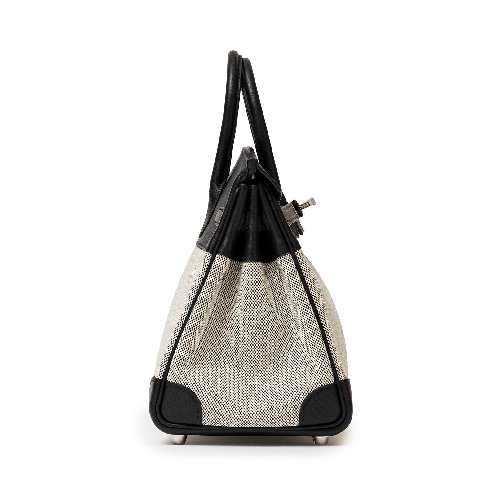 Side view of Hermès Birkin 25 Black Swift/Ecru Toile H Canvas Palladium hardware luxury handbag
