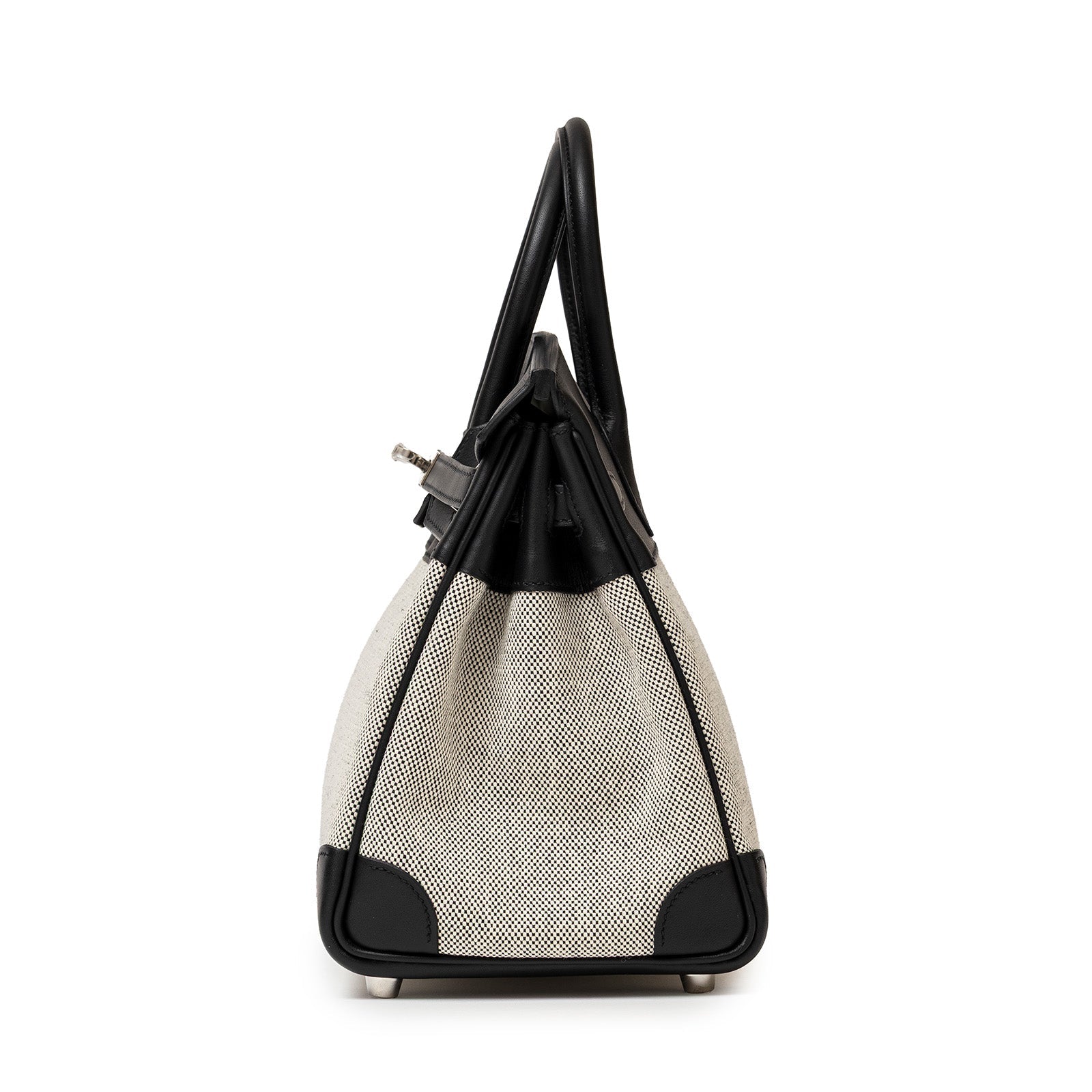 Side view of Hermès Birkin 25 Black Swift/Ecru Toile H Canvas Palladium Hardware luxury handbag