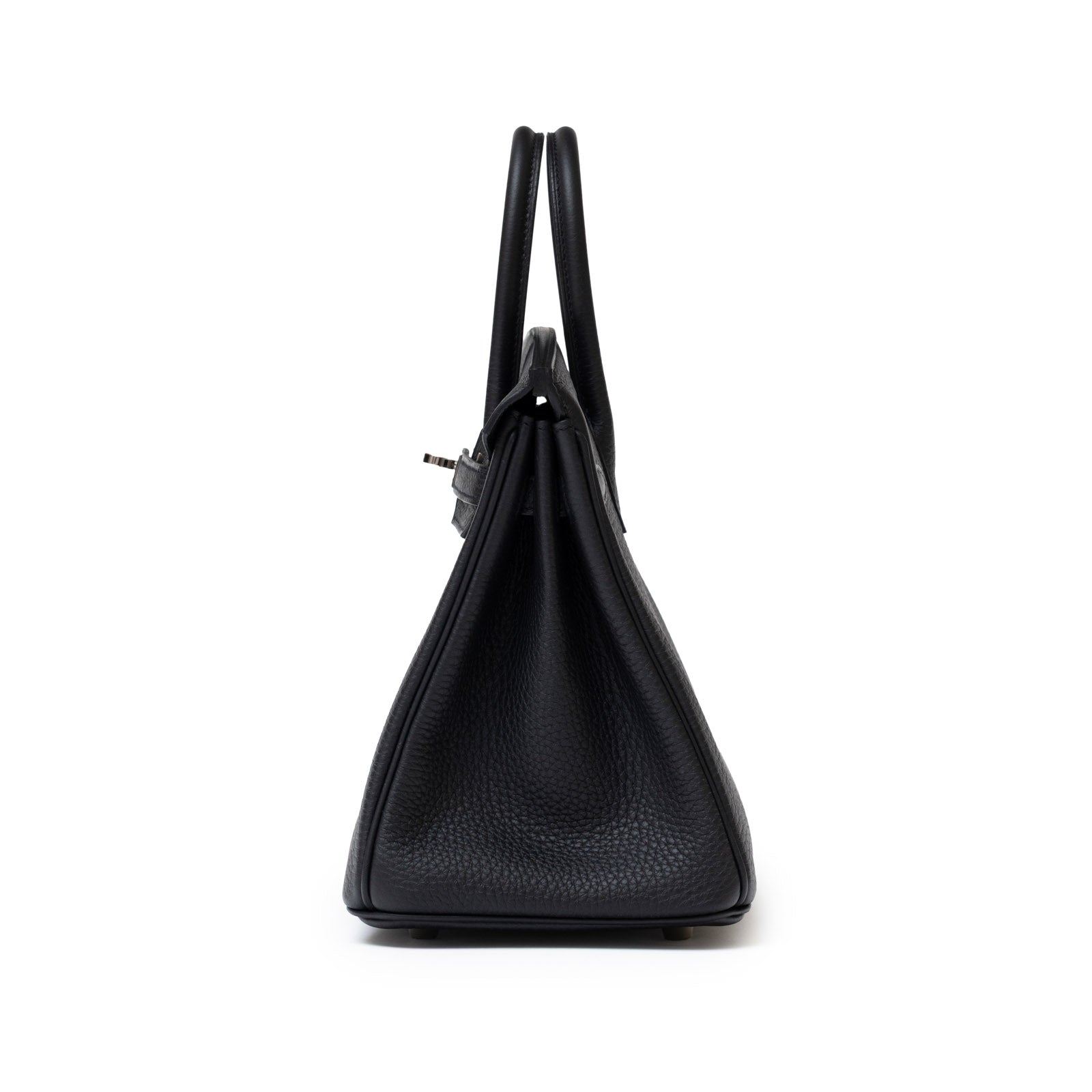 Side view of Hermès Birkin 25 Black Togo Palladium Hardware showing smooth leather texture and structured silhouette