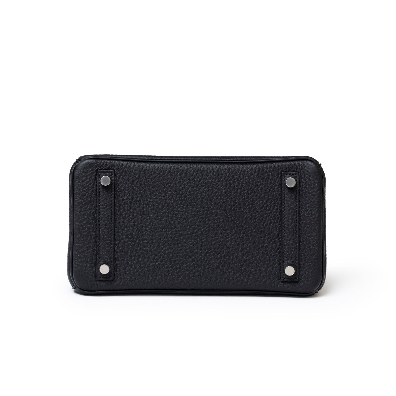 Bottom view of Hermès Birkin 25 Black Togo Palladium Hardware showing textured leather and protective studs