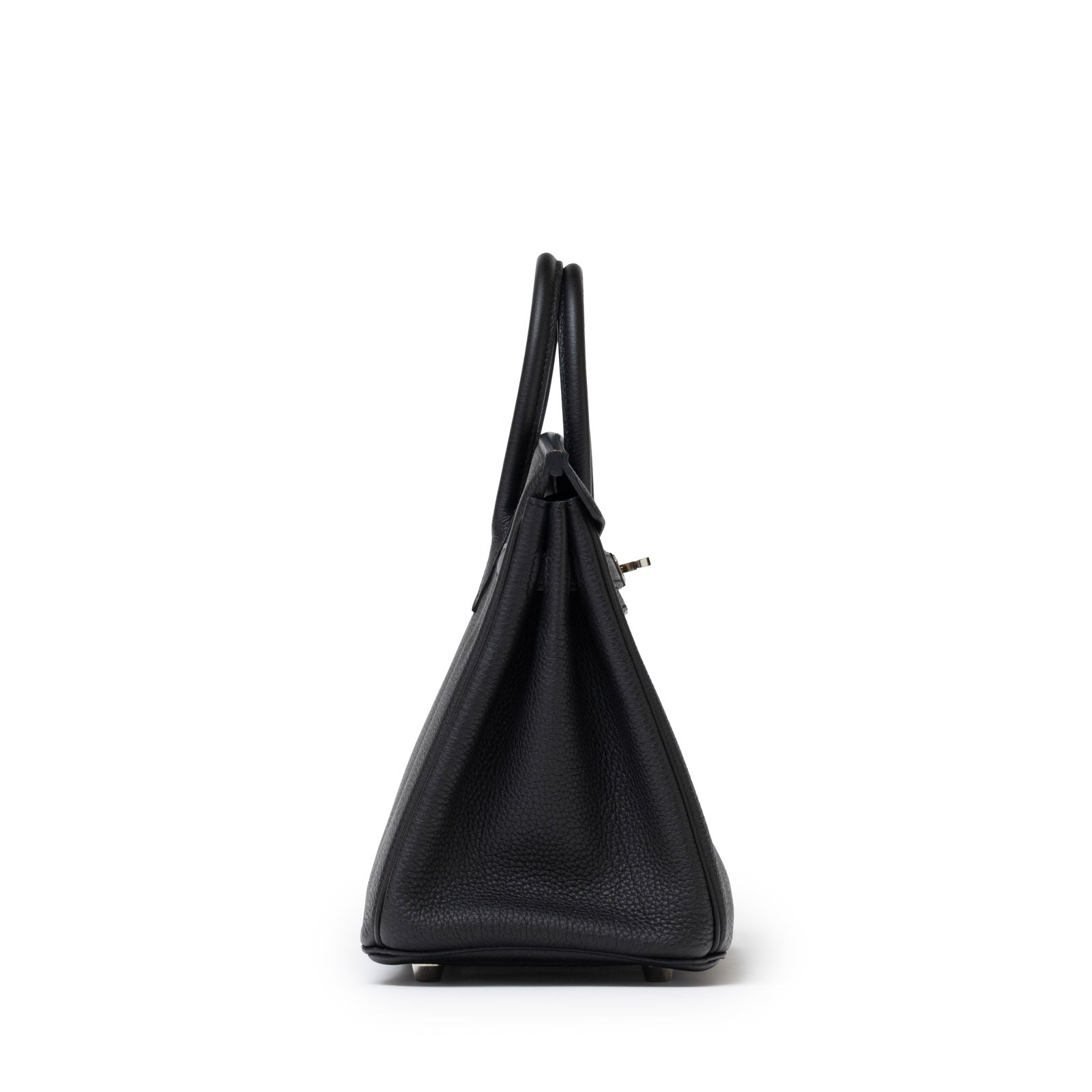 Side view of Hermès Birkin 25 Black Togo Palladium Hardware showing textured leather and structured silhouette