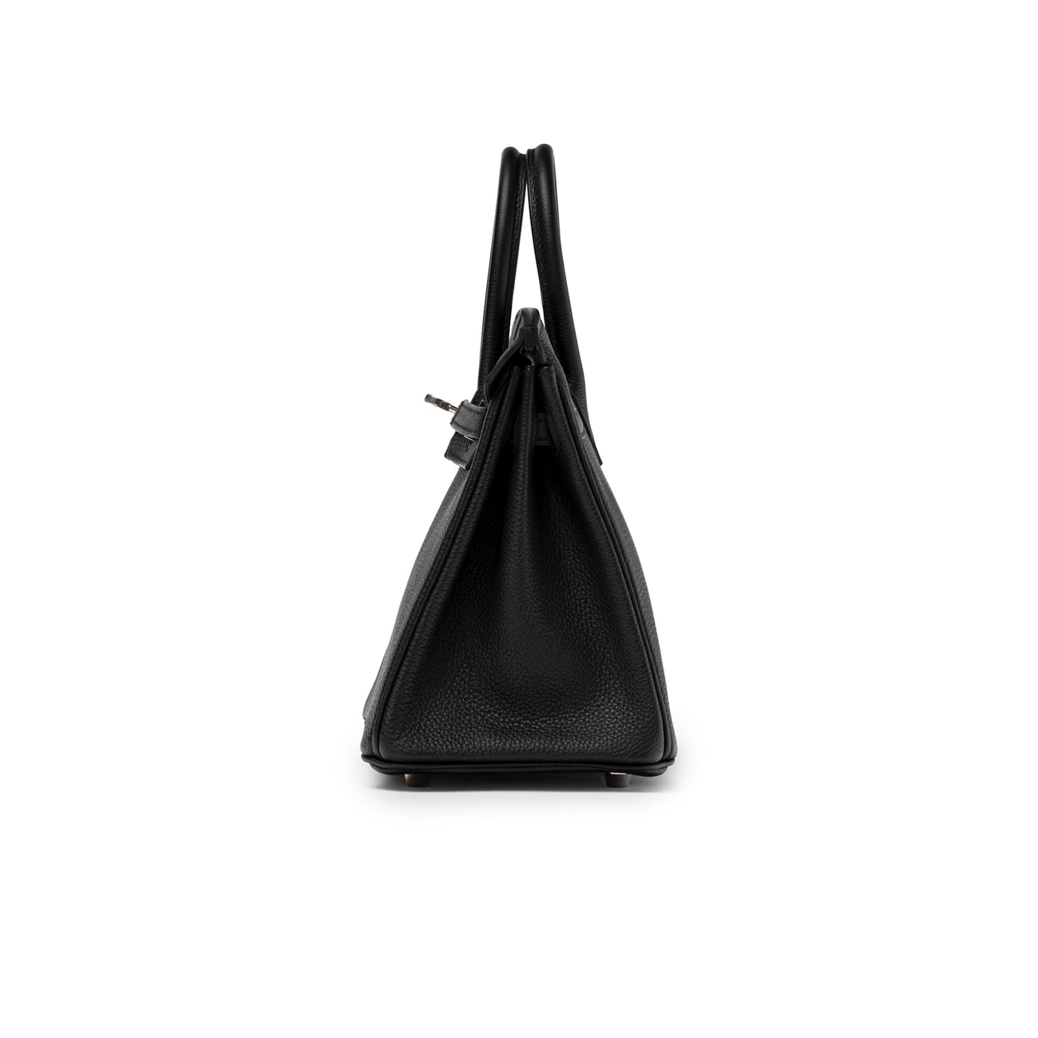 Side profile of Hermès Birkin 25 Black Togo Palladium Hardware showing textured leather and sleek silhouette.