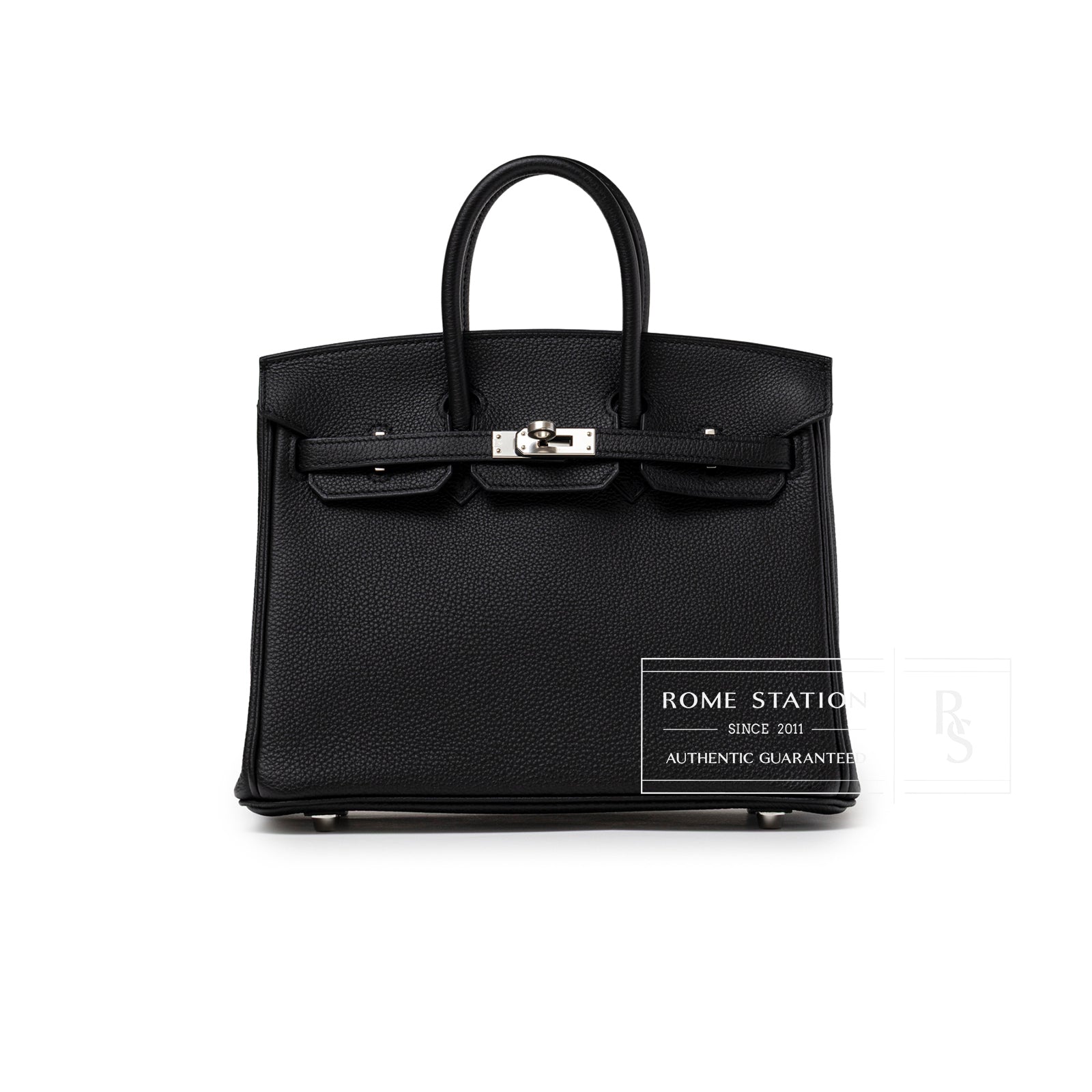 Front view of Hermès Birkin 25 Black Togo Palladium Hardware highlighting smooth handles and structured leather body