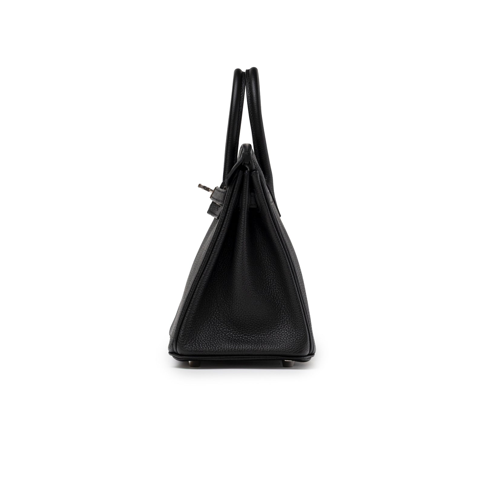 Side profile of Hermès Birkin 25 Black Togo Palladium Hardware showing textured leather and sleek silhouette.