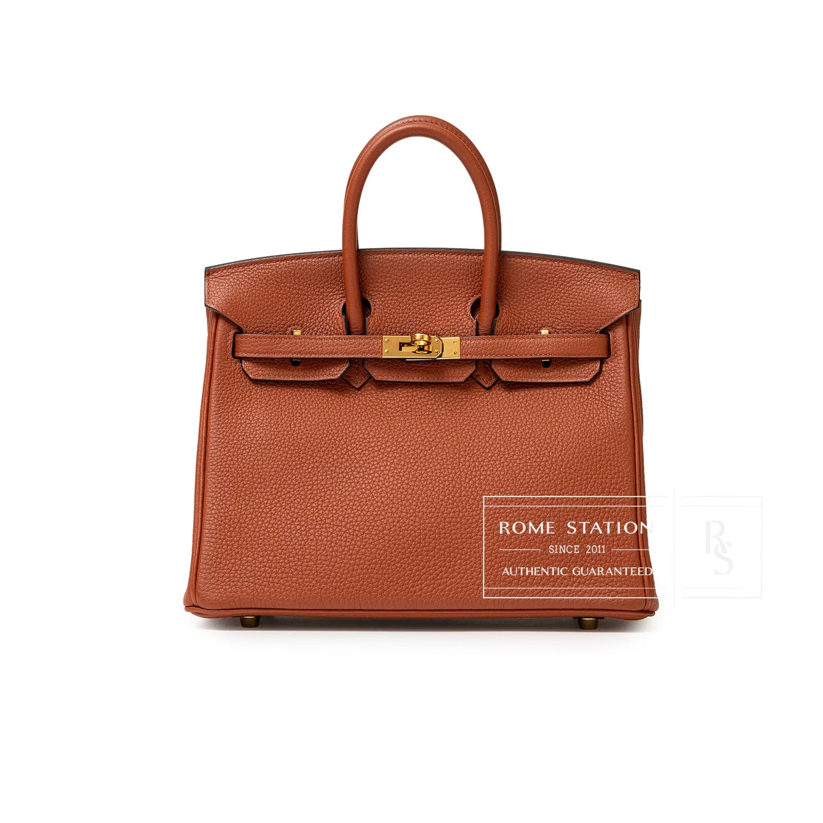 Front view of Hermès Birkin 25 in copper togo leather with gold hardware and structured handles visible