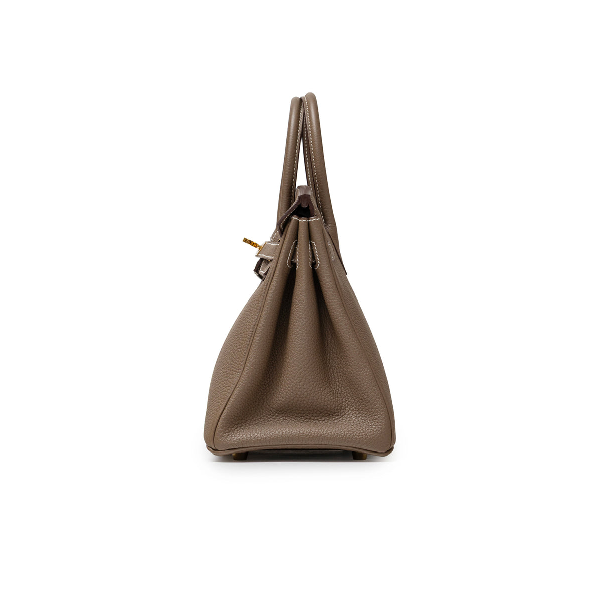Hermès Birkin 25 Etoupe Togo Gold Hardware side view of taupe leather handbag