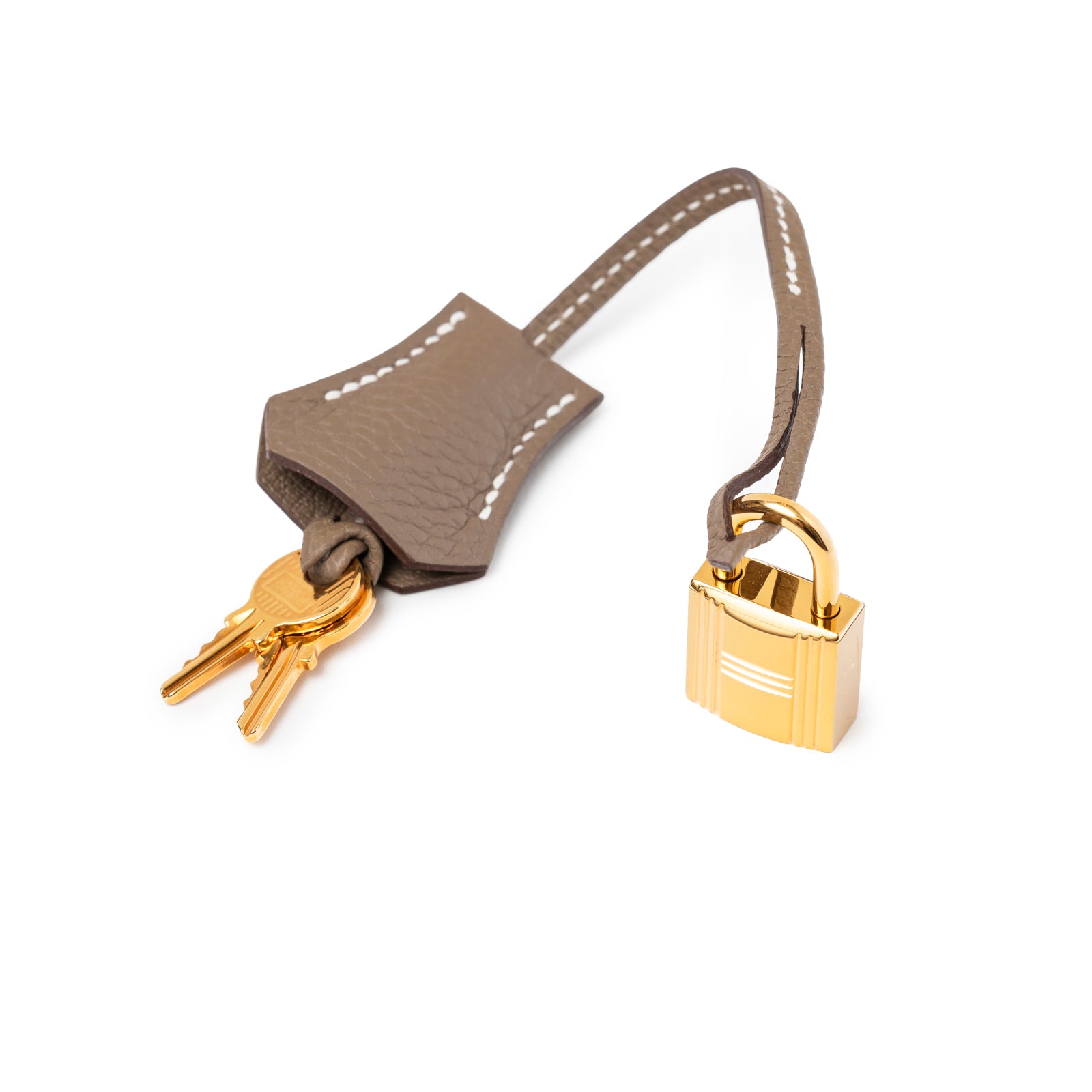Gold padlock with two keys attached to taupe leather clochette on Hermès Birkin 25 Etoupe Togo Gold Hardware