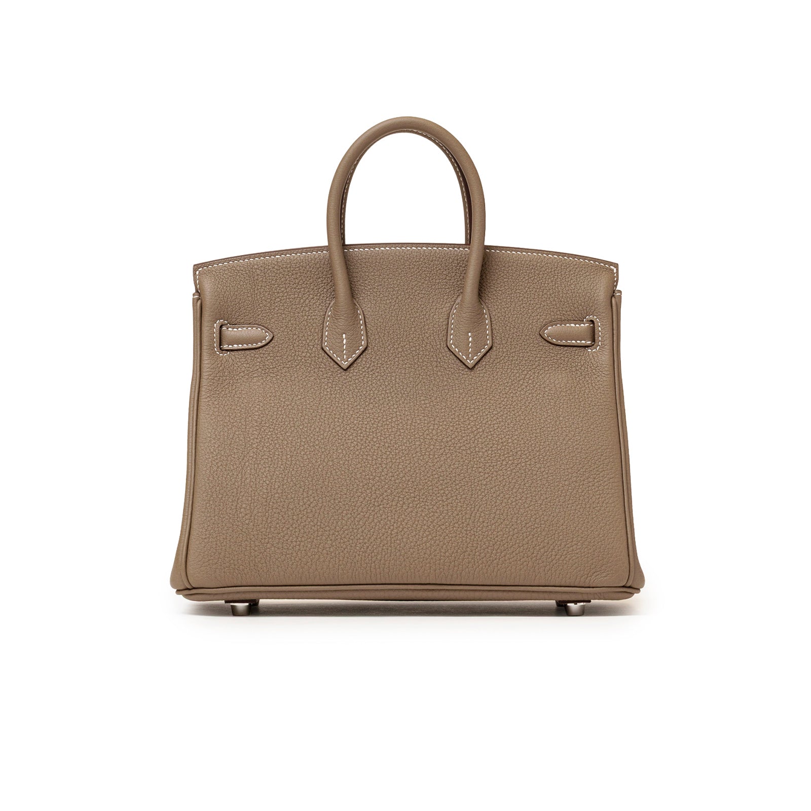 Back view of Hermès Birkin 25 Etoupe Togo Palladium Hardware in taupe leather with structured handles and visible stitching