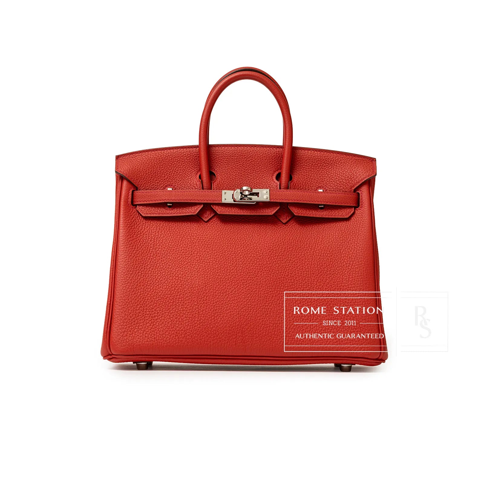 Front view of Hermès Birkin 25 Geranium Togo leather bag with palladium hardware and top handles.