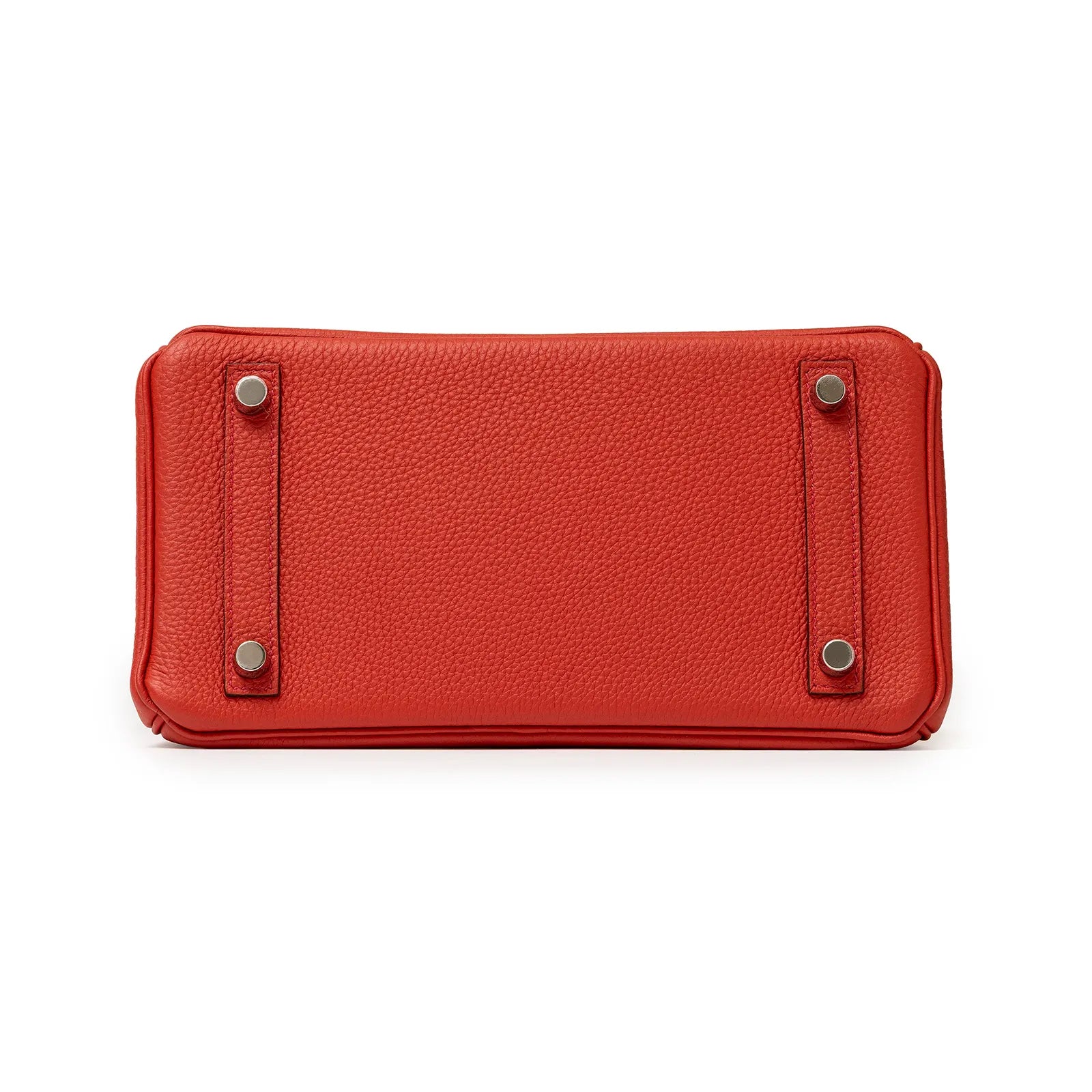 Bottom view of Hermès Birkin 25 Geranium Togo leather showcasing palladium feet hardware.